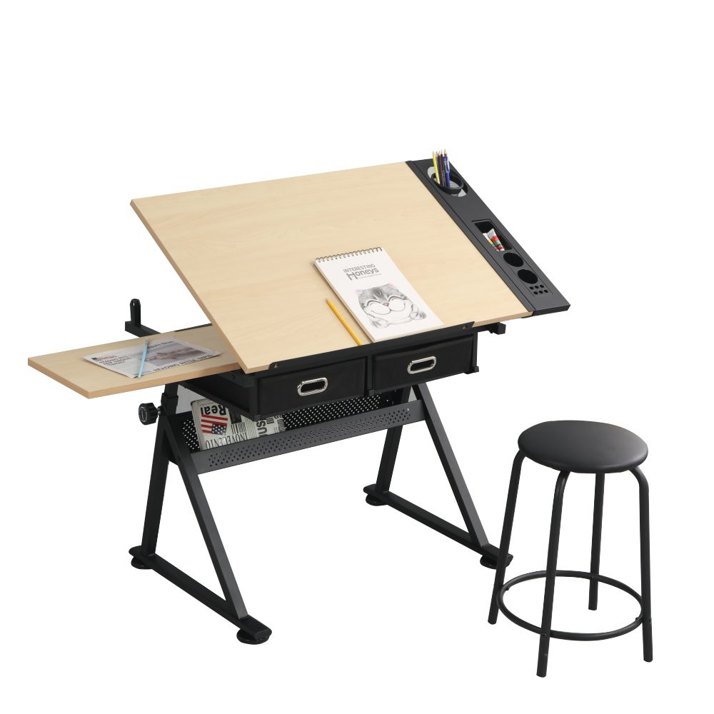 BBWL Zeichentisch mit 2 Schubladen MDF Holz Schreibtisch inkl Hocker, Zeichentisch höhenverstellbar für Home Office Schule – Bild 2 von 5