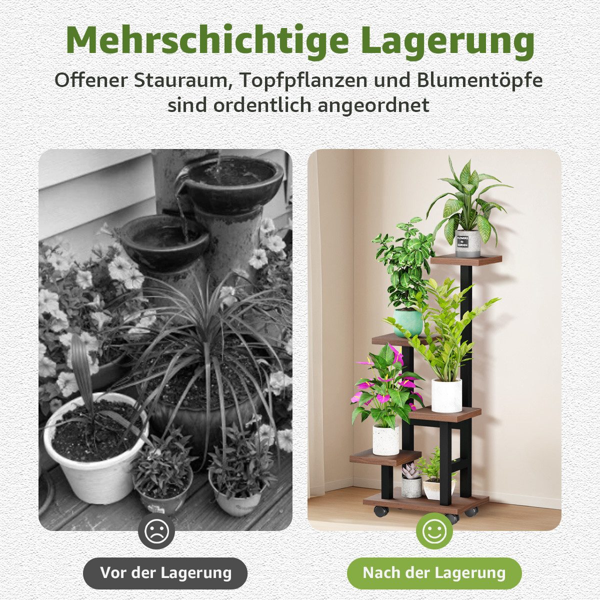 Simloveve Blumenständer Pflanzenständer aus Holz und Metall Pflanzentreppe Blumentreppe (blumenständer mit 4 Rollen), Outdoor Indoor Blumenregal für Wohnzimmer, – Bild 5 von 5