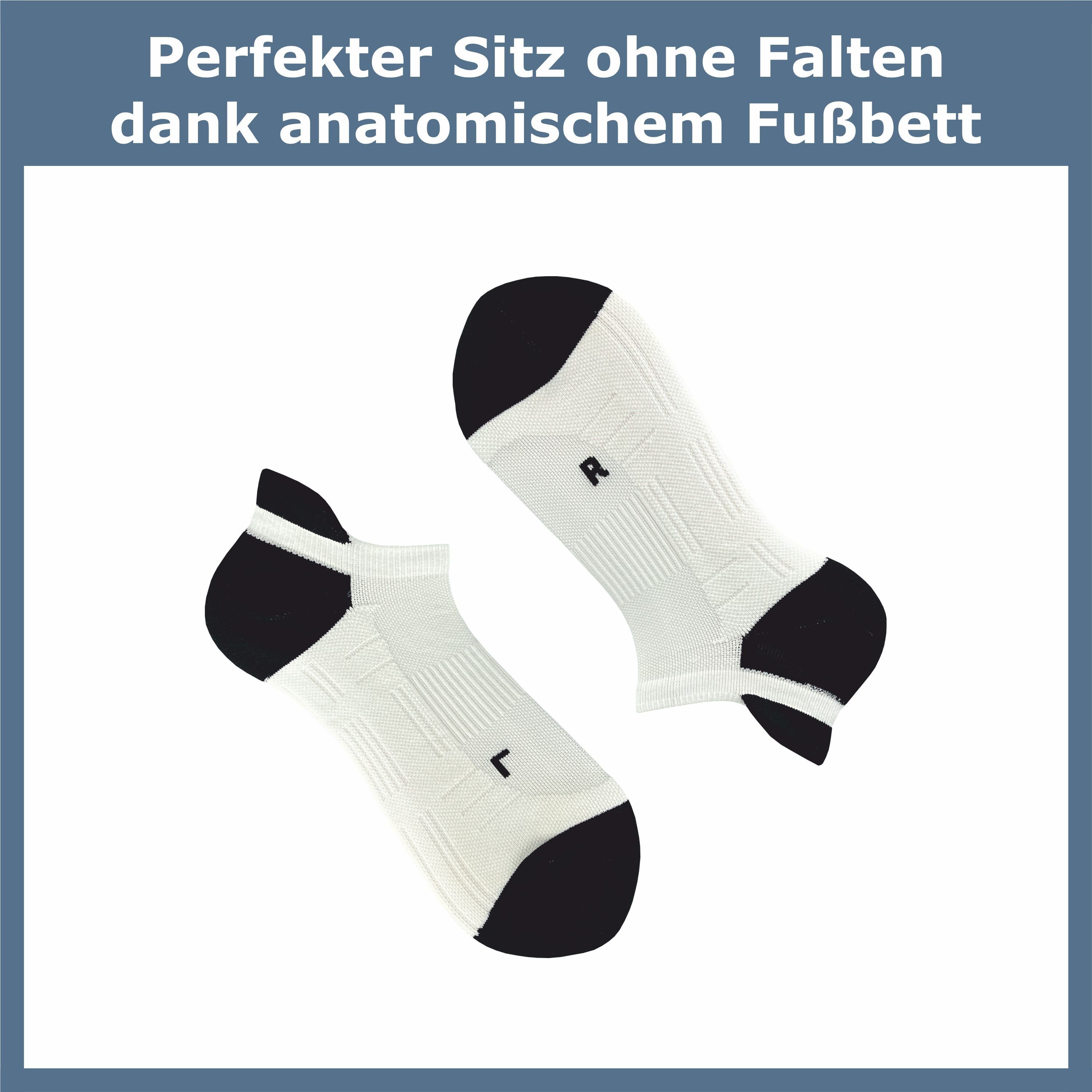 GAWILO Laufsocken (kurz) für Herren mit Kompression & Polsterung, bunt, schwarz & weiß  (5 Paar) Anatomisch korrekt für den linken und rechten Fuß gestrickt