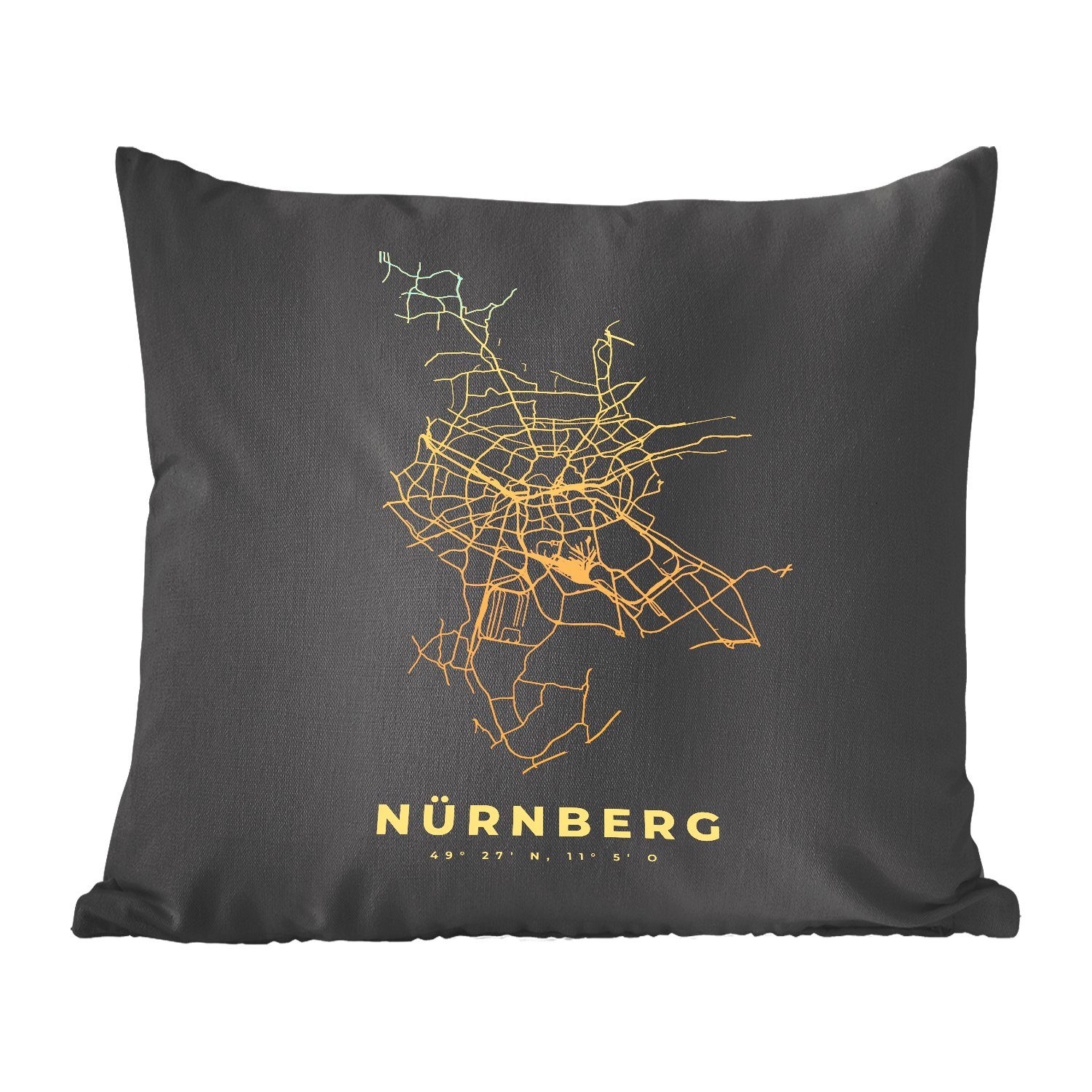 MuchoWow Dekokissen Gold - Stadtplan - Nürnberg - Karte, Zierkissen mit Füllung für Wohzimmer, Schlafzimmer, Deko, Sofakissen