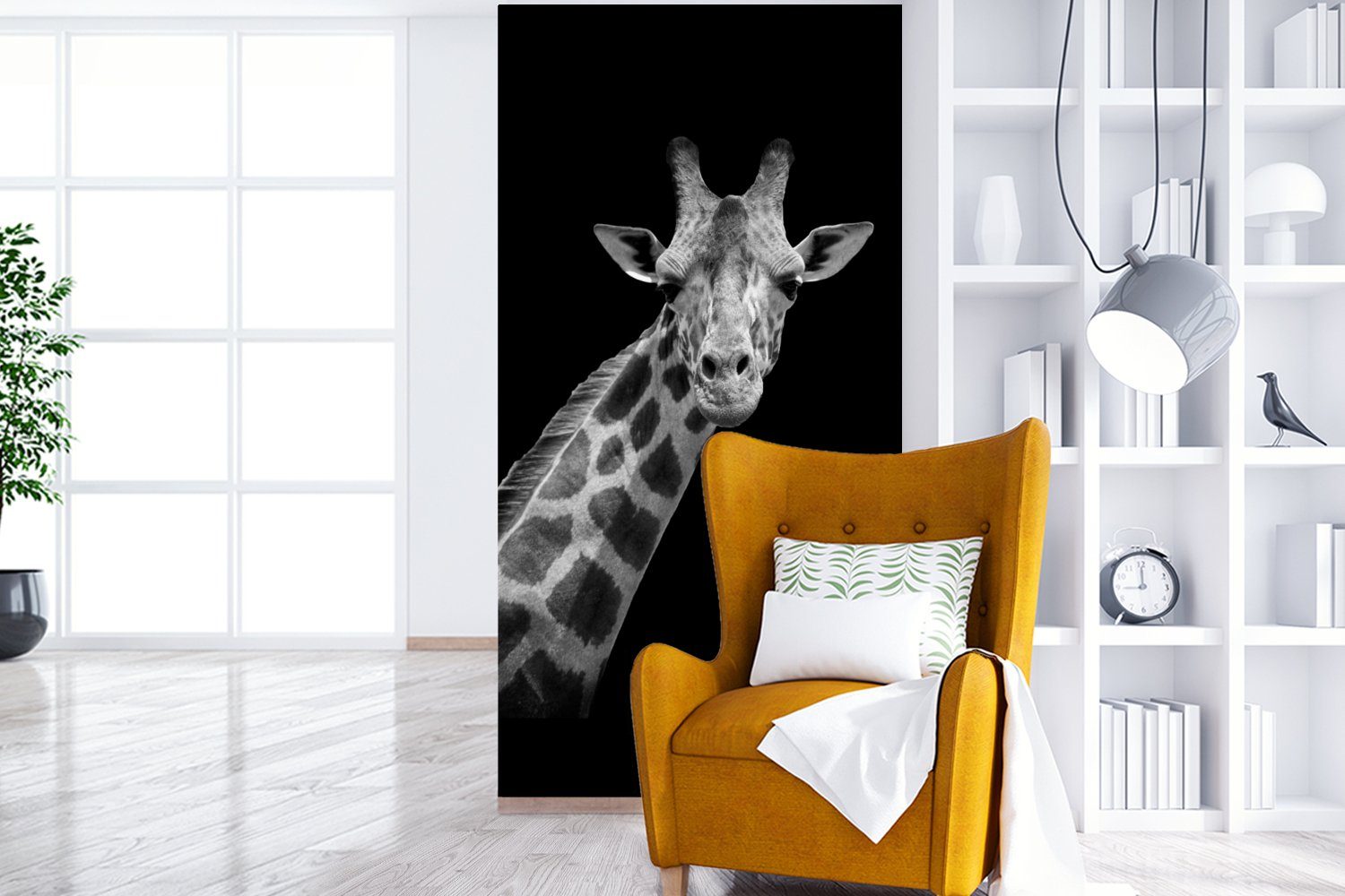 Porträt, Fototapete Weiß (2 Matt, bedruckt, - Giraffe Wildtiere Vliestapete Schwarz Küche, Fototapete - Schlafzimmer - Wohnzimmer St), MuchoWow - für