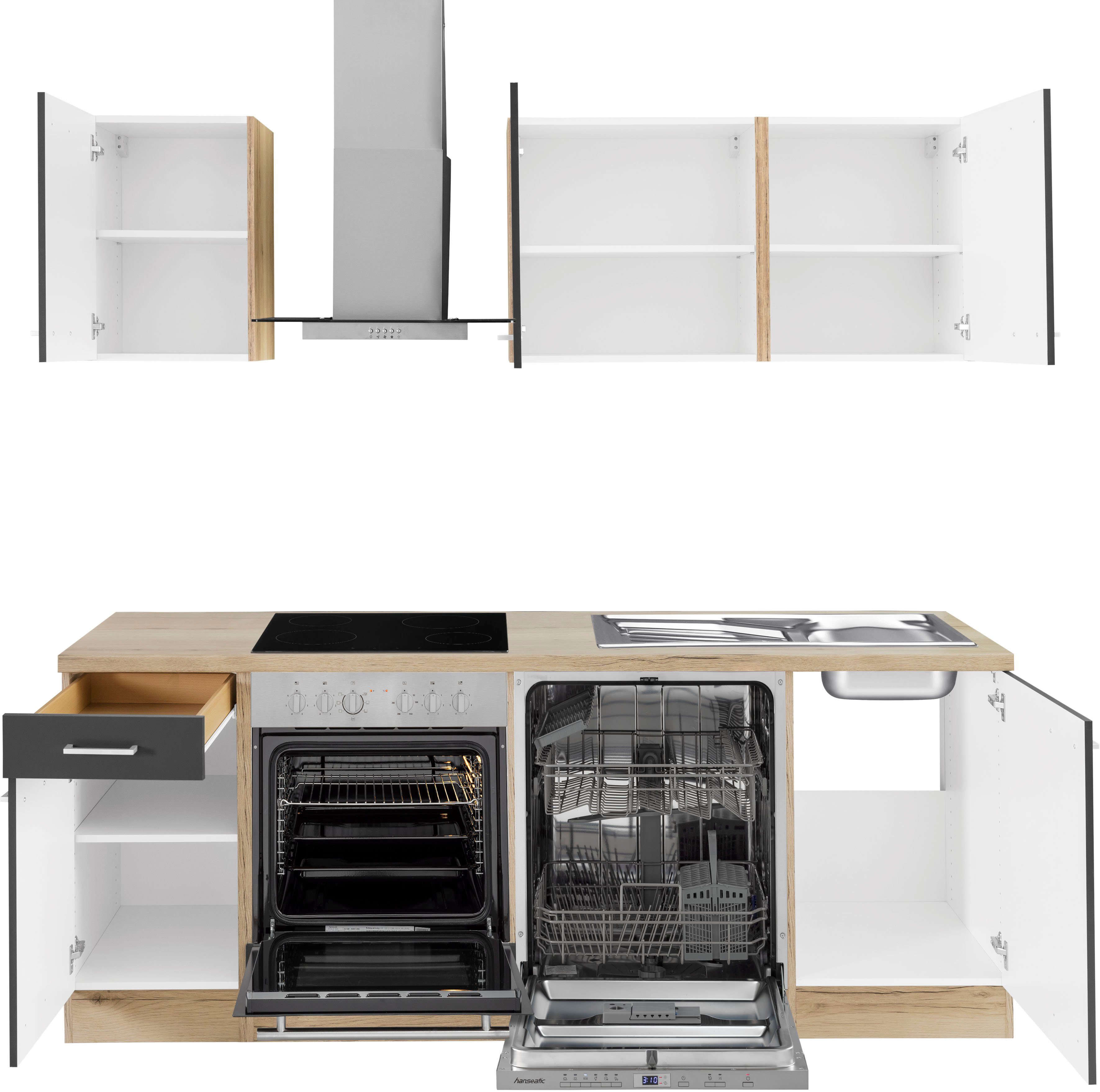 Küchenzeile der Elektrogeräte wildeichefarben 210 inkl. HANSEATIC Marke cm breit, grau/weiß | Iver, OPTIFIT