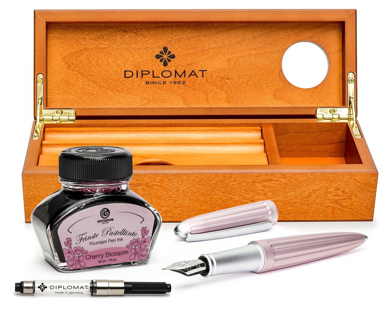DIPLOMAT Füllhalter Füllhalter Set Diplomat Aero antique rose mit Tinte, Stärke M, (Komplett-Set mit Tintenkonverter, Schreibtinte Cherry Blossom von Octopus Fluids und Holzetui), MADE IN GERMANY