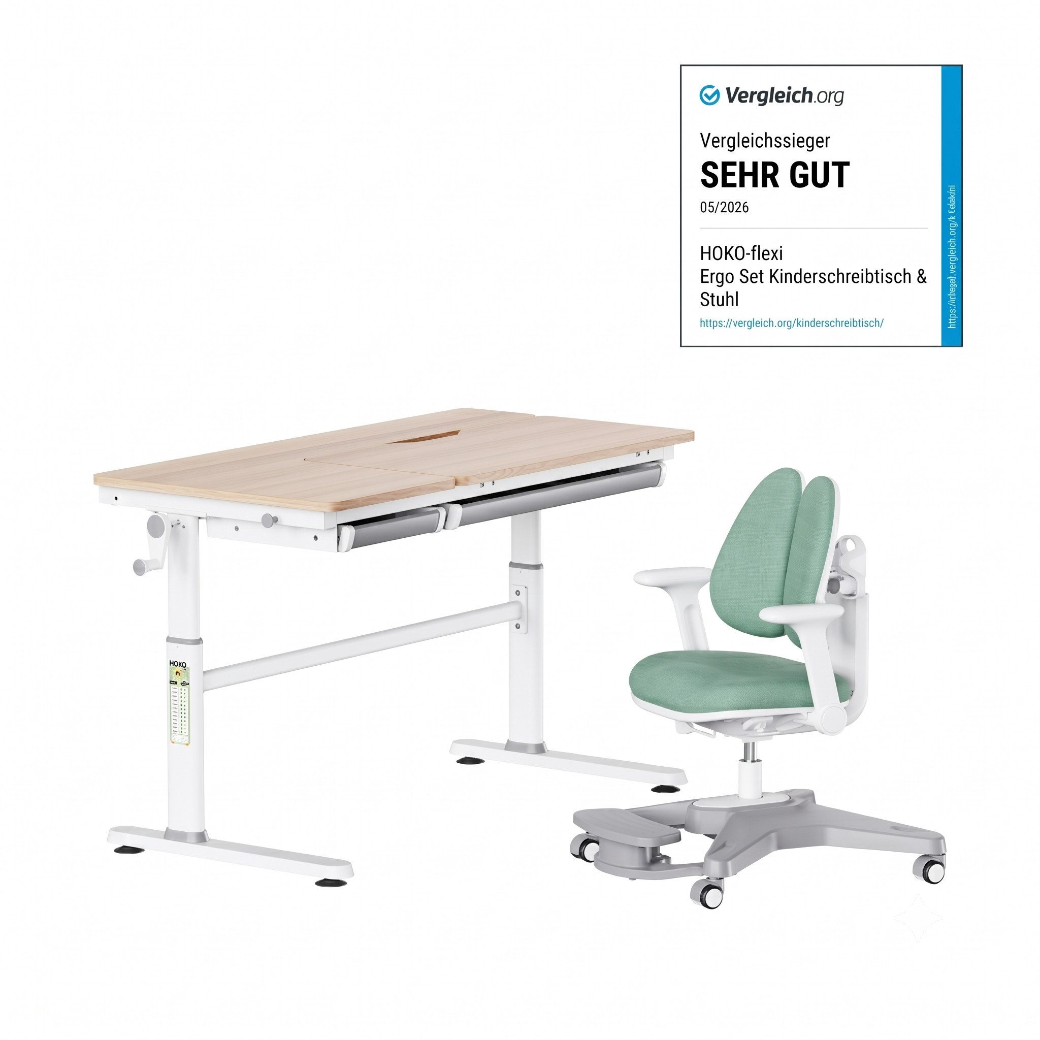 HOKO Kinderschreibtisch höhenverstellbar für Kinderzimmer (Tisch-Stuhl-Set, Kinder Schreibtisch mit 2 Schubladen und neigbarer Tischplatte, Kinderstuhl mit vielseitig verstellbaren Funktionen, 120x60 cm Arbeitsfläche, 80x40 cm neigbare Tischplatte), verst