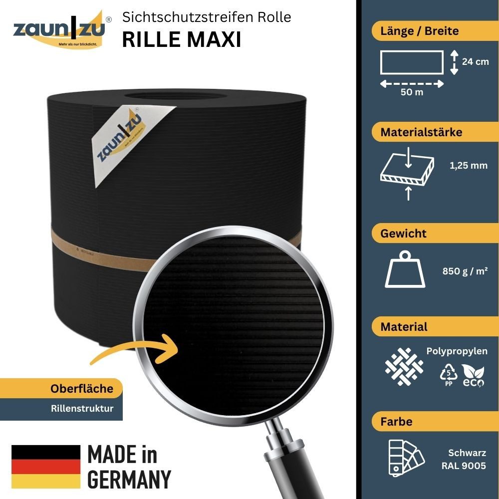 zaunzu Sichtschutzstreifen Rille Maxi Rolle für Doppelstabmatten 24cm hoch Schwarz 50m, (1x Rolle Zaunblende, 24cm hoch, UV-beständiger Sichtschutz), 5 Jahre garantierte Farbechtheit