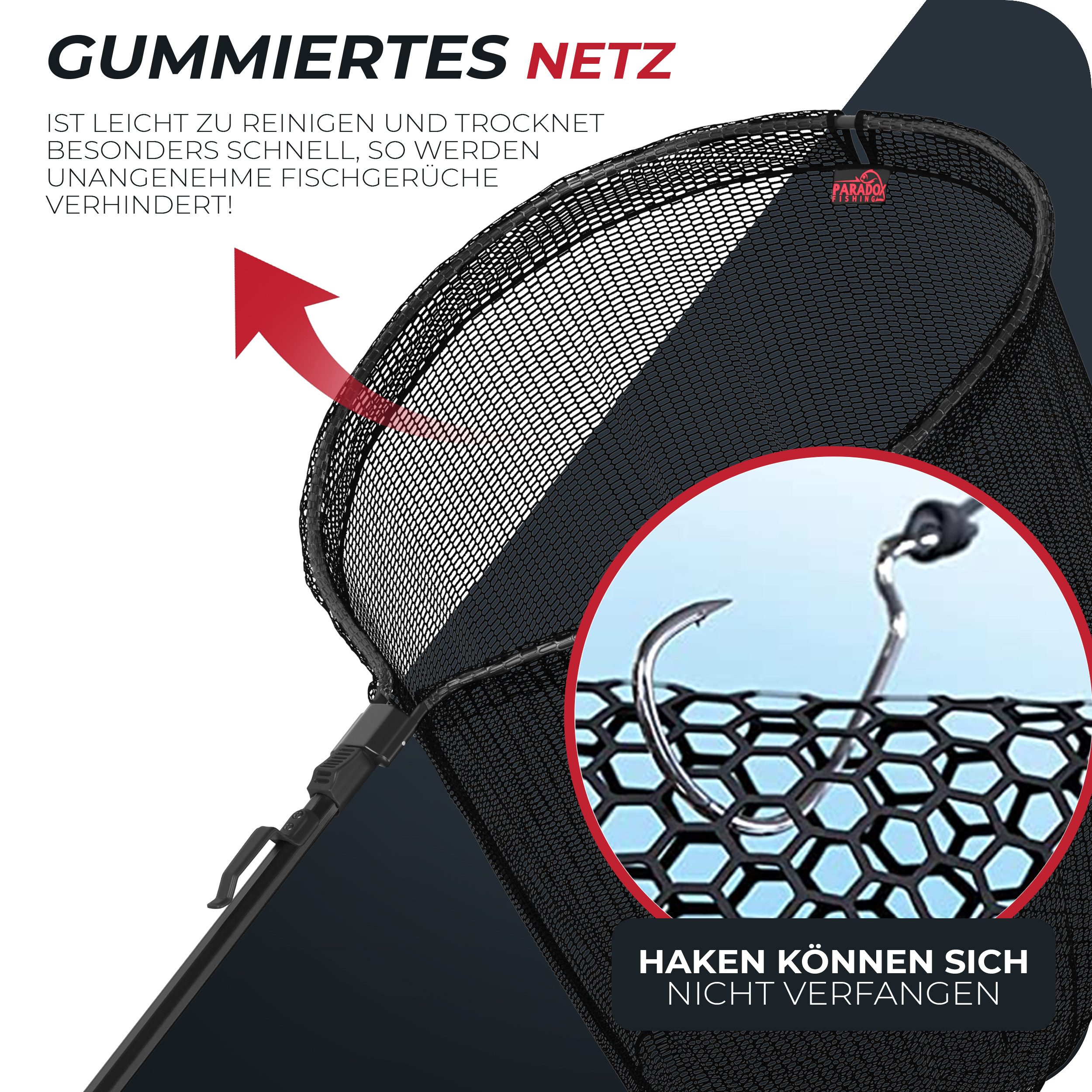 Paradox Fishing Angelkescher gummierter Raubfischkescher, 1,15m, gummiertes Netz, Kescherkopf: 50*45*50cm