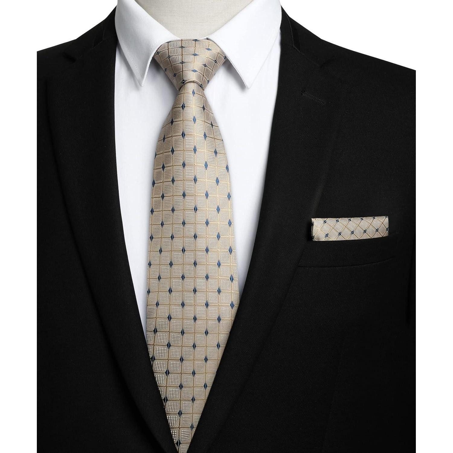 LuxusKollektion Krawatte Krawatte Herren Hochzeit kariert Einstecktuch Set Blumen Beige (1-St) – Bild 3 von 5