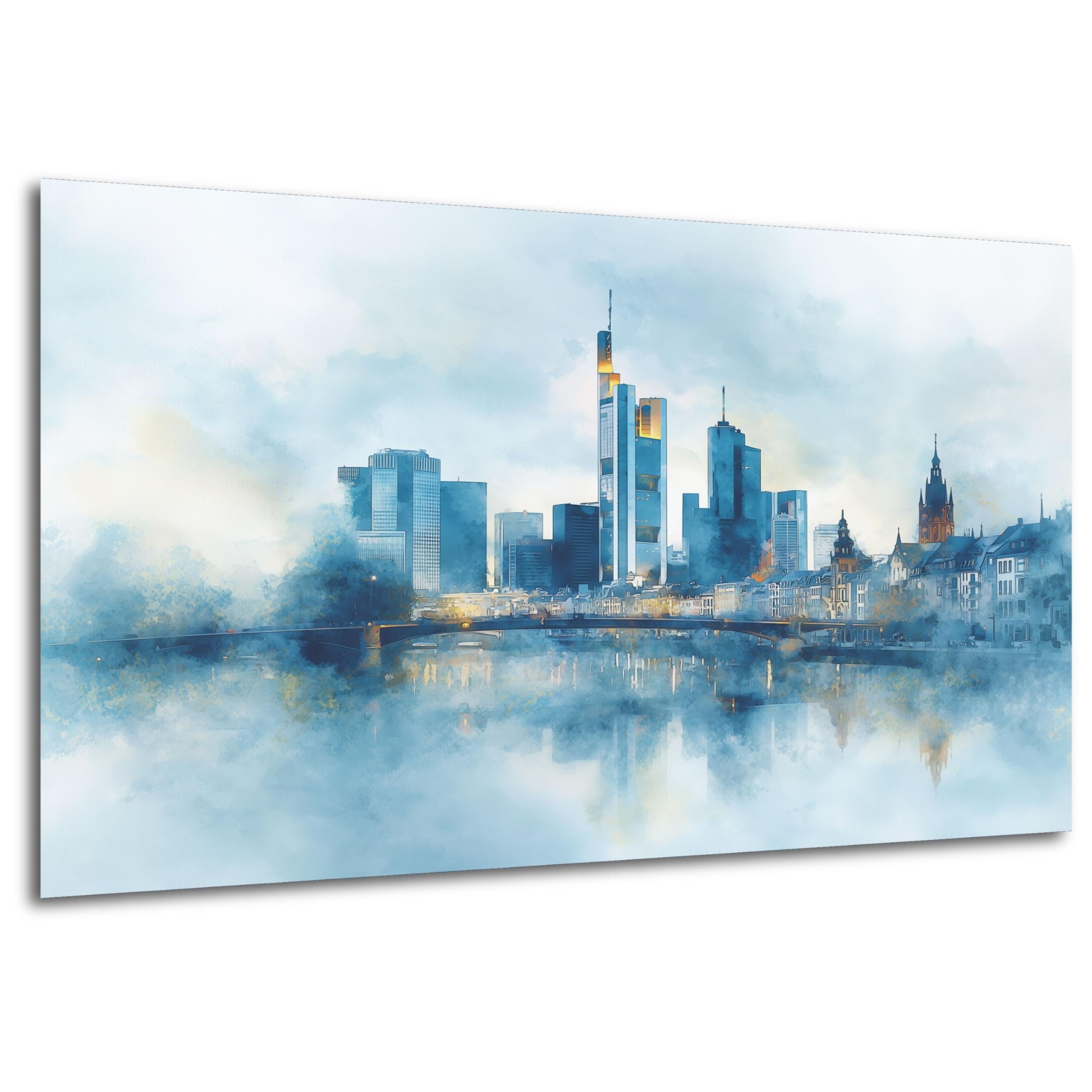 DARO Design Wandbild Frankfurt Wandbilder Wand Deko Bilder Modern Leinwandbild, (Frankfurt Panorama im sanften Aquarellblau - Bild groß Wohnzimmer Büro Flur Schlafzimmer Esszimmer Einteilig Querformat Fotodruck Städte-Skyline), 50x70 cm