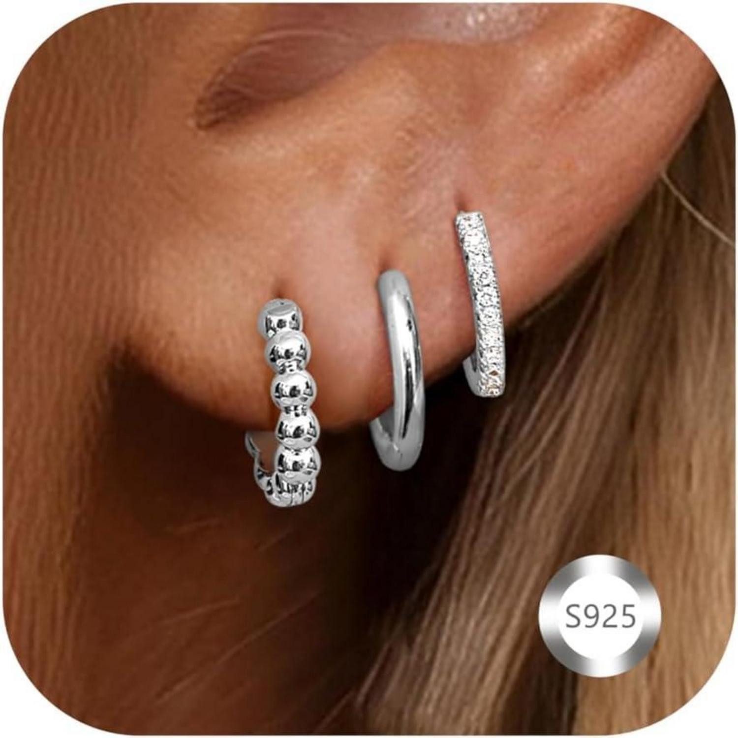 LuxusKollektion Creolen-Set 3 Paar Ohrringe Damen Creolen Silber 925 Goldene Sleeper Knorpel