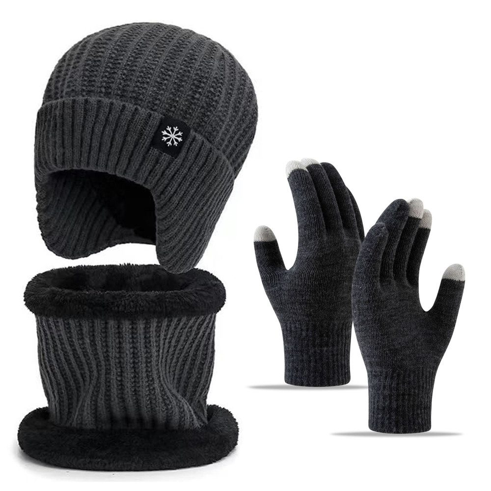 Coonoor Mütze & Schal 3 Stück Mütze Loop Schal Touchscreen Handschuh-Sets für Herren Damen (Beanie Strickmütze mit Warmem Wollfutter und Ohrklappen) Loop Schal Warme Handschuhe, Unisex 3-in-1 Winter-Set