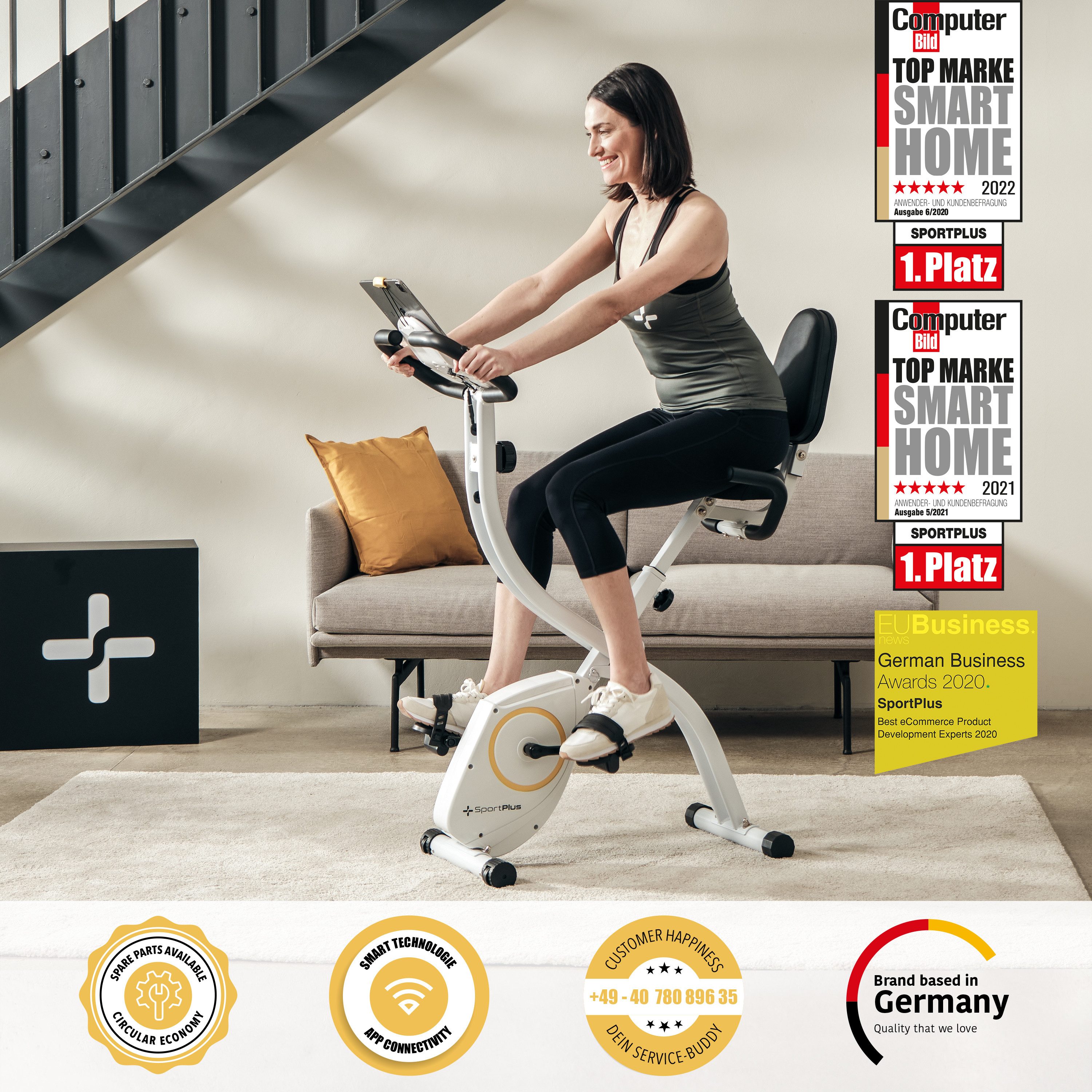 SportPlus Heimtrainer SP-HT-1300-W-iE, S-Bike, Heimtrainer, klappbar, Rückenlehne, 8 Widerstandsstufen