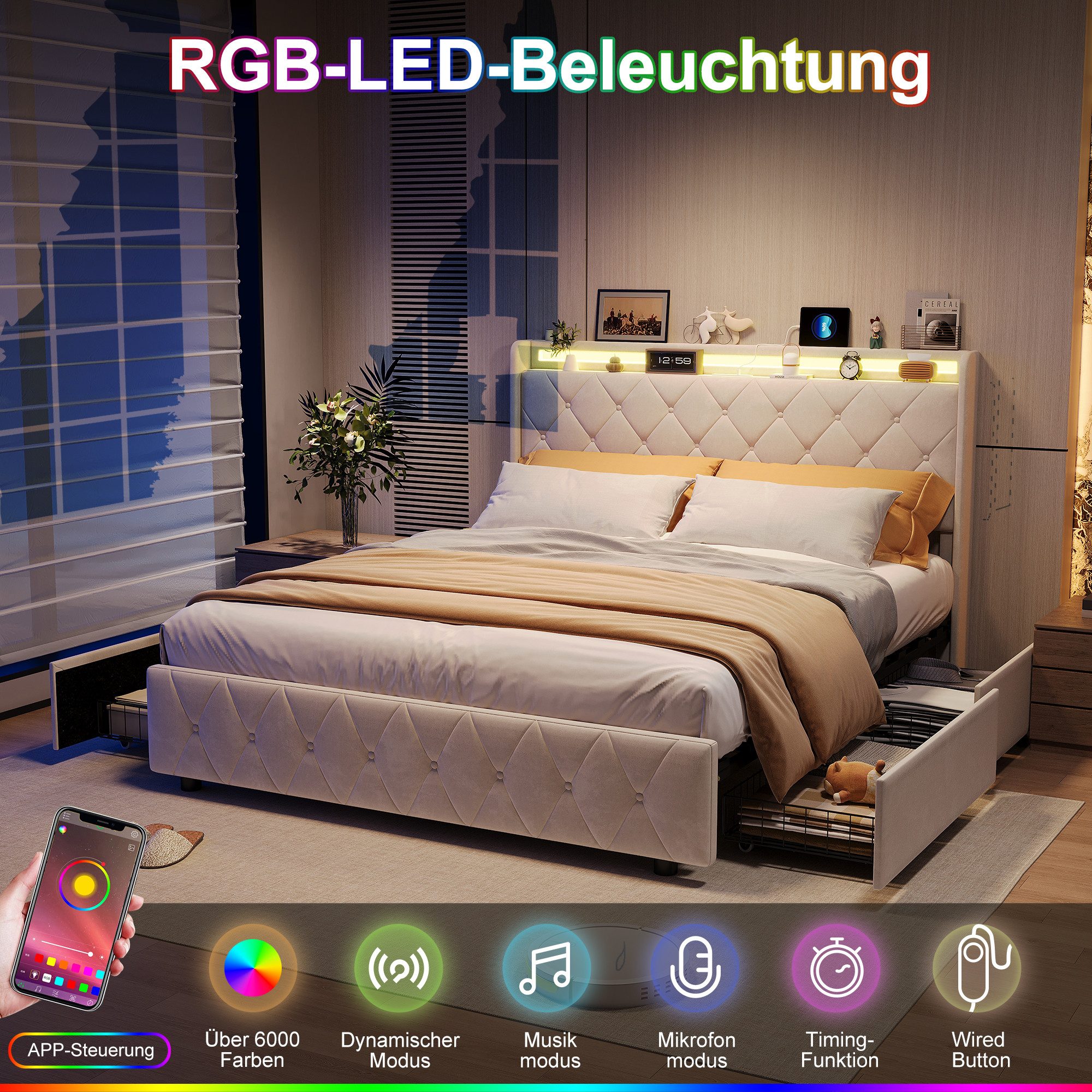 ADWOLT Stauraumbett Polsterbett mit Lattenrost und LED-Beleuchtung, Jugendbett 140x200cm mit USB&Type-C,Doppelbett mit 4 Schubladen,Beige – Bild 3 von 5