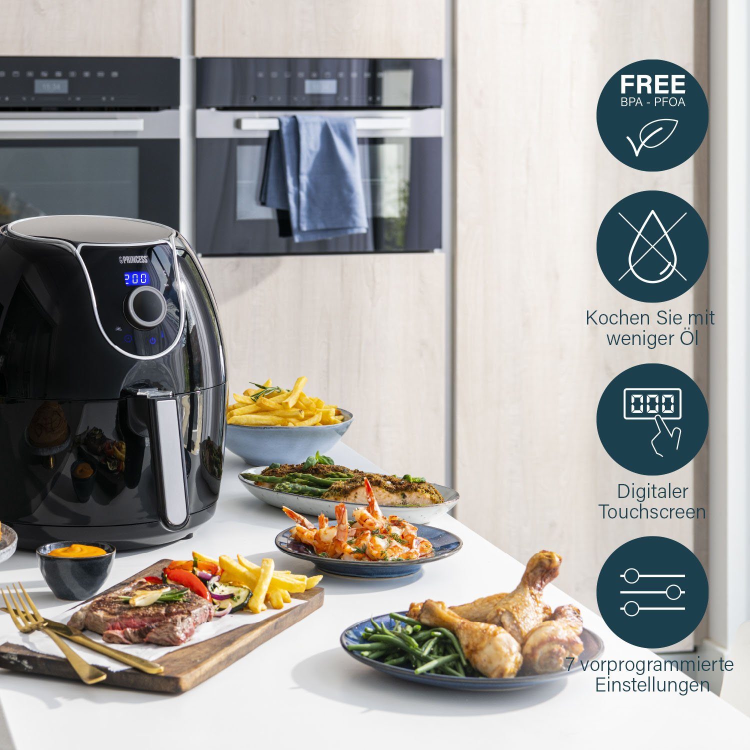 PRINCESS Heißluftfritteuse XXL 182055, 1700 W, digitales Display mit 8 Programmen, 5,2L