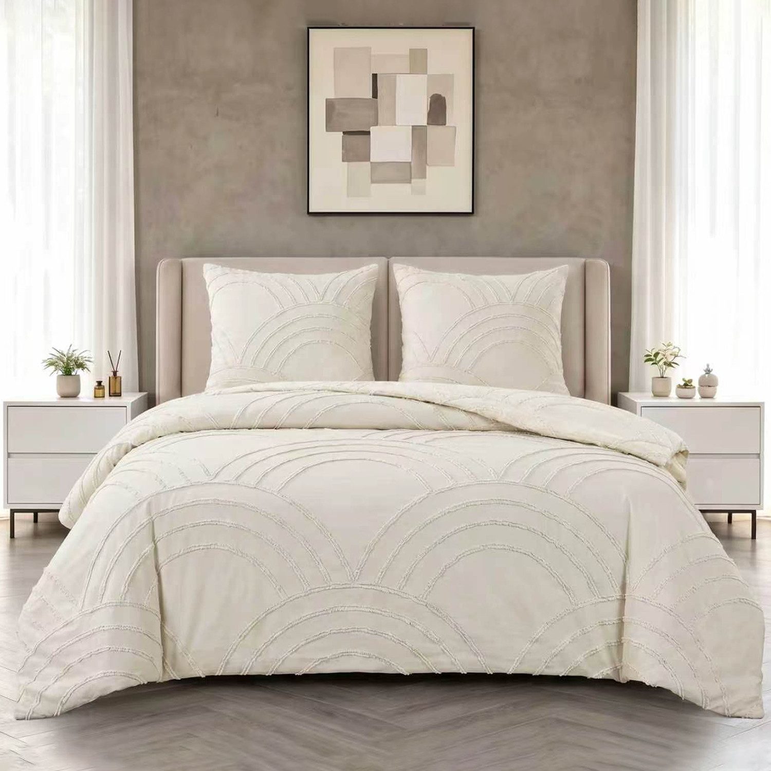 ibettertec Bettwäsche Boho Bettwäsche 135x200 Beige Getuftet, Stickerei Shabby Chic Bettbezug, Mikrofaser, 2 teilig, Boho-Stickerei Bettwäsche-set mit Reißverschluss,Kissenbezug 80x80cm