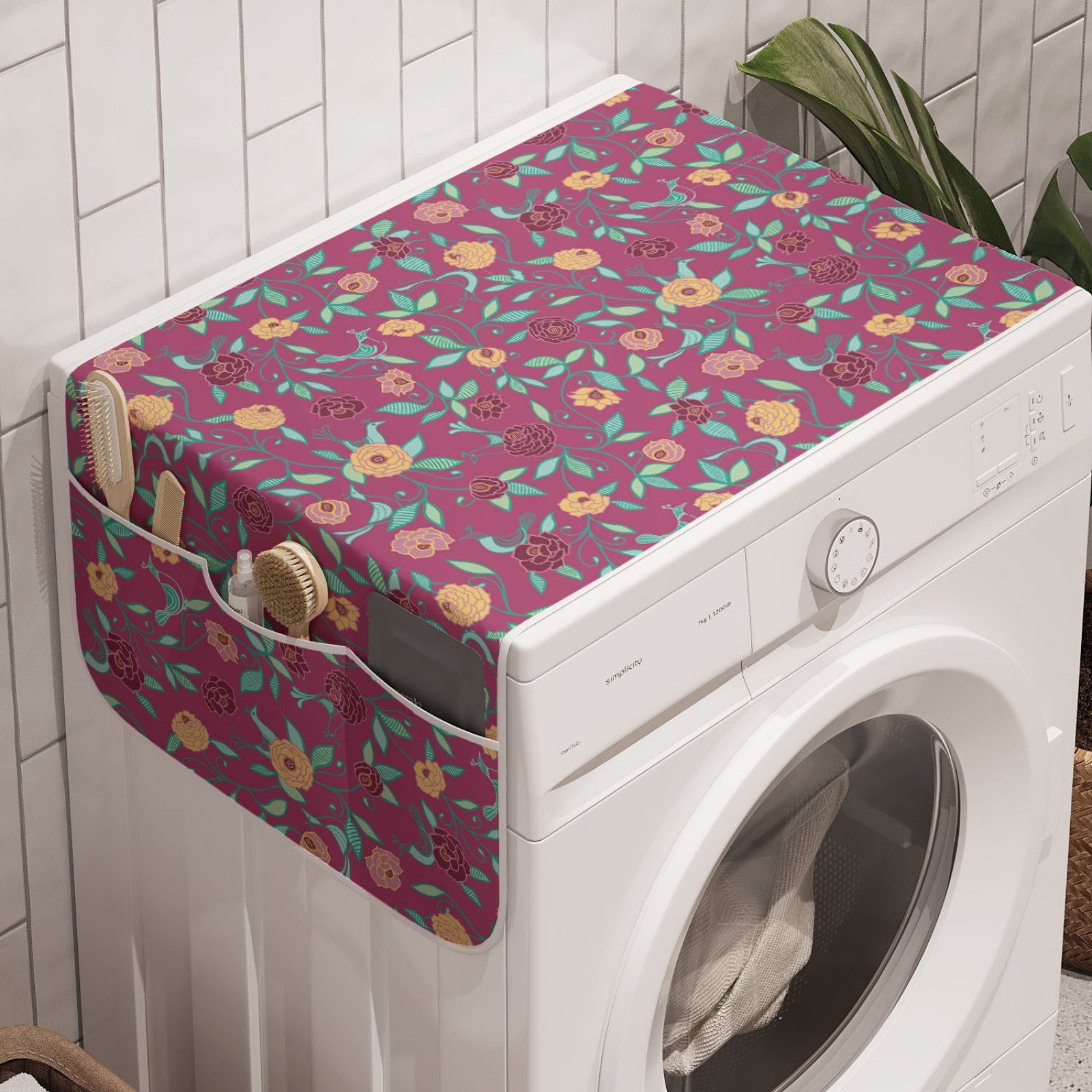 Abakuhaus Badorganizer Anti-Rutsch-Stoffabdeckung für Waschmaschine und Trockner, Blumen Wirbelnde Blumen-Curls Kunst