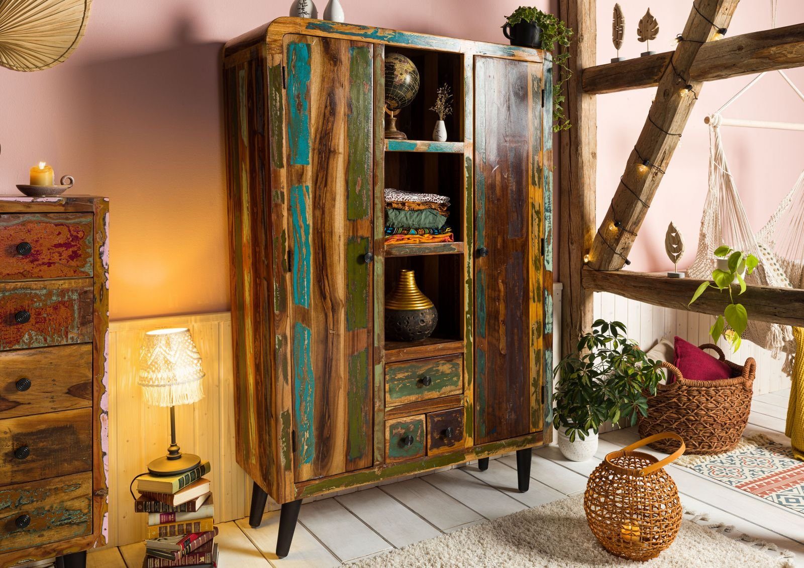 Massivmoebel24 Highboard SIXTIES (Massivholz), Highboard Altholz 115x40x170 mehrfarbig lackiert SIXTIES #108