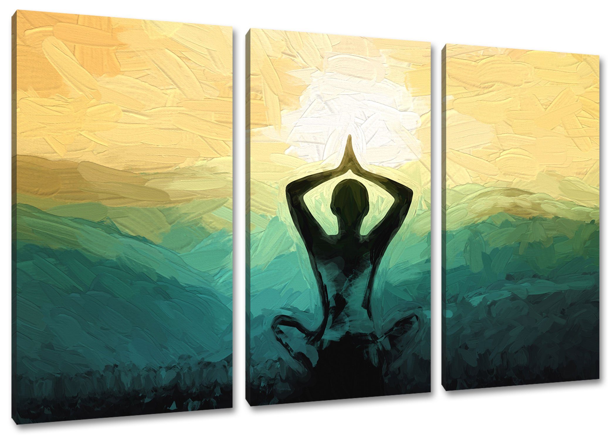 (1 fertig (120x80cm) Leinwandbild Leinwandbild Yoga und Meditation, 3Teiler St), Zackenaufhänger bespannt, Yoga Meditation Pixxprint und inkl.