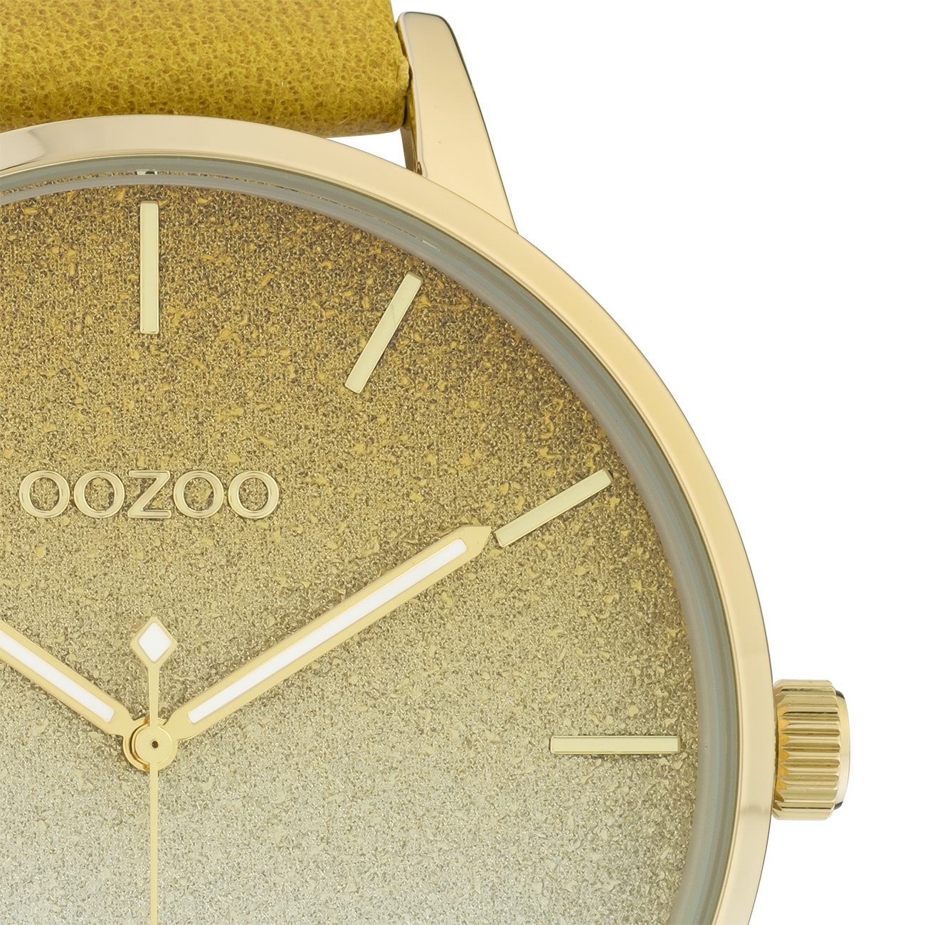 OOZOO Quarzuhr Oozoo Damen Armbanduhr OOZOO Timepieces, (Analoguhr), Damenuhr rund, extra groß (ca. 48mm), Lederarmband gelb, Fashion