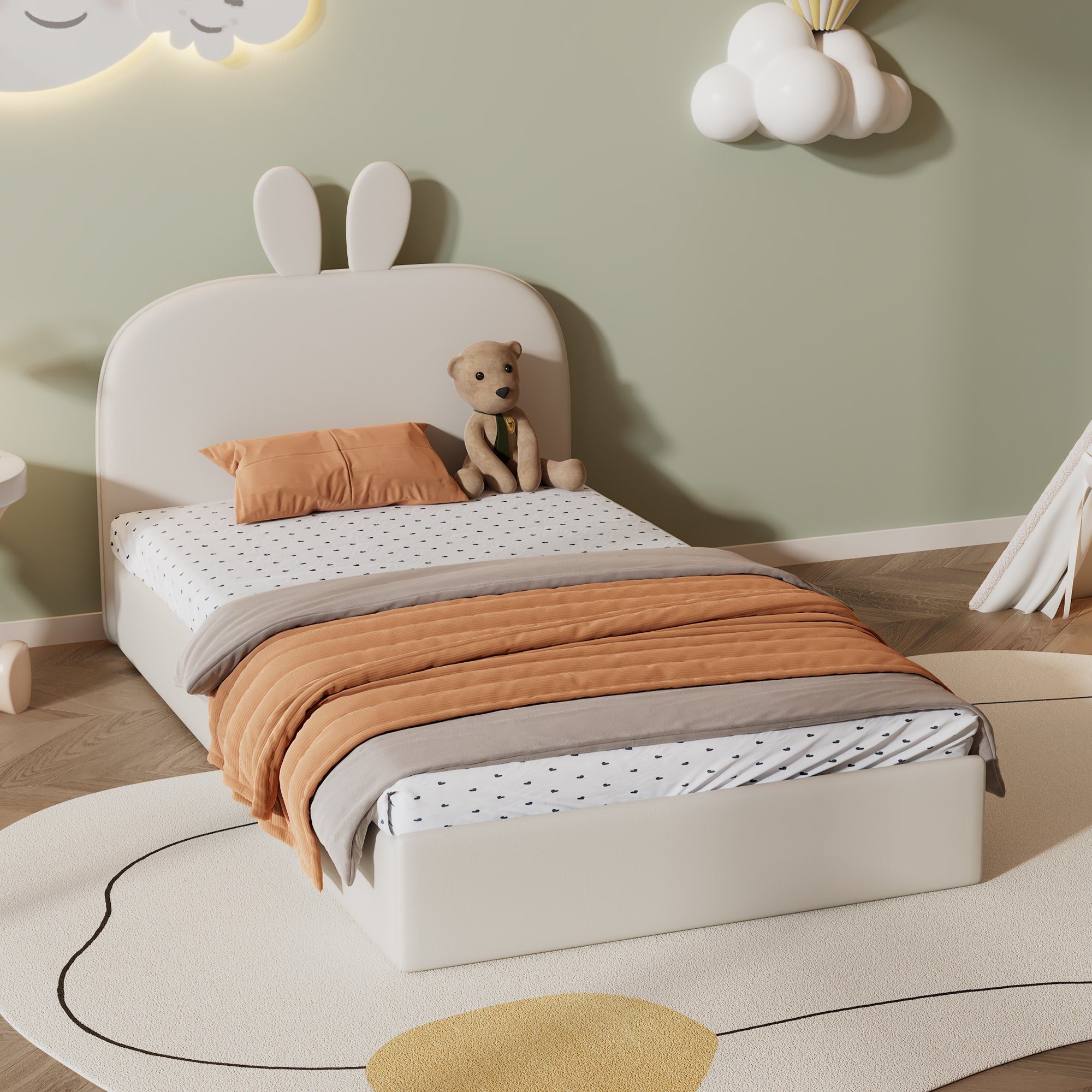 WISHDOR Kinderbett Einzelbett Tagesbett, Kaninchen Kopfteil Polsterbett, mit Holzlatten (Samt, 90x200cm), ohne Matratze