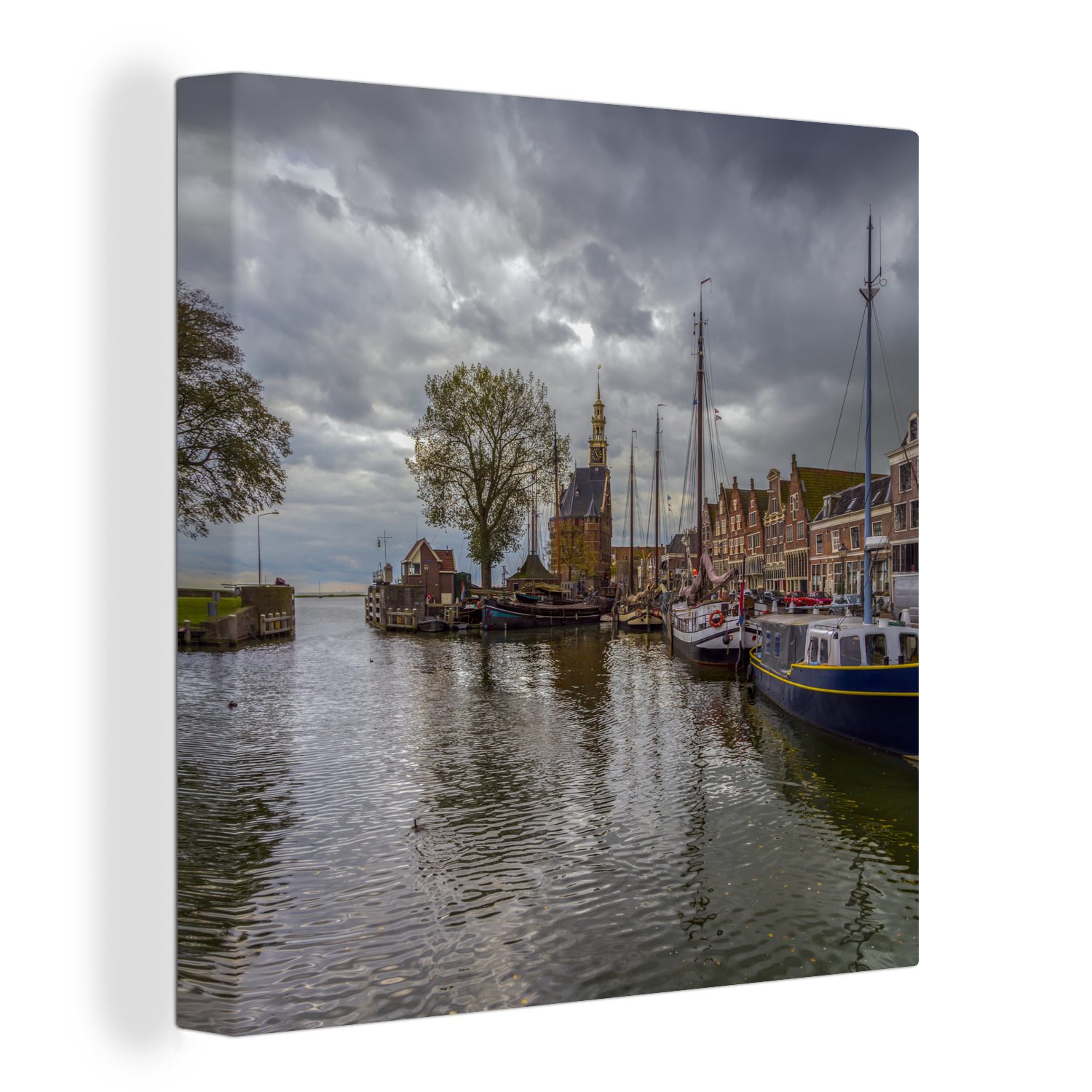 OneMillionCanvasses® Leinwandbild Ein grauer Himmel hängt über dem Hafen von Hoorn, (1 St), Leinwand Bilder für Wohnzimmer Schlafzimmer