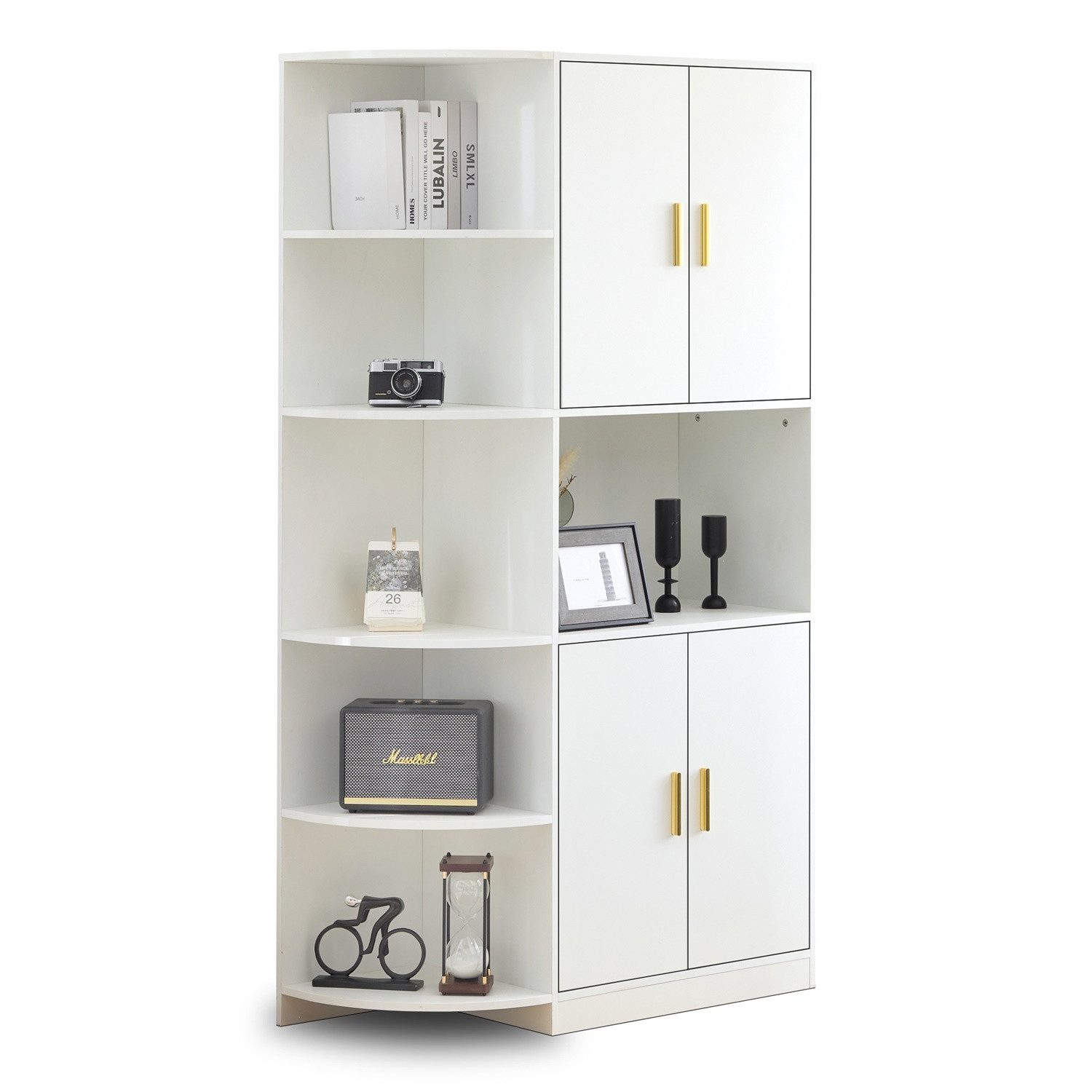 Rutaqian Eckkommode Vielseitiges 180cm Hohes Ess-Sideboard mit Stilvollen Goldgriffen (mit 5-Lagiges 1/4-Rundes Eckablagen (Links Oder Rechts Montierbar), für Küche, Esszimmer, Wohnzimmer, Büro oder Schlafzimmer)