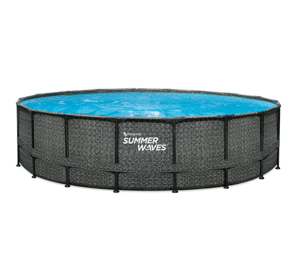 SUMMER WAVES Pool Frame Pool (Komplettset, 5-tlg., Filterpumpe, Einstiegsleiter, Plane, Reinigungs- & Repairkit), Ø 549x132 cm Rattanoptik grau rund