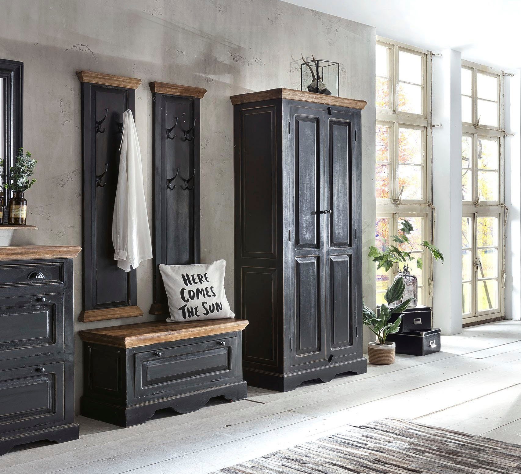 SIT Garderoben-Set Corsica Flur-Set Mango 4-tlg. Kleiderschrank, Schuhschrank & Paneele, (4-St), Schwarz-Honig Design im rustikalen Mango-MDF Mix