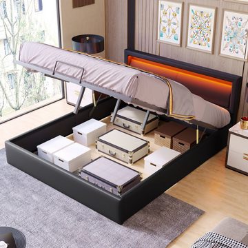 EXTSUD Polsterbett Polsterbett LED-Bett mit Lattenrost und Stauraum, Beleuchtetes Kopfteil mit Lattenrost und Stauraum