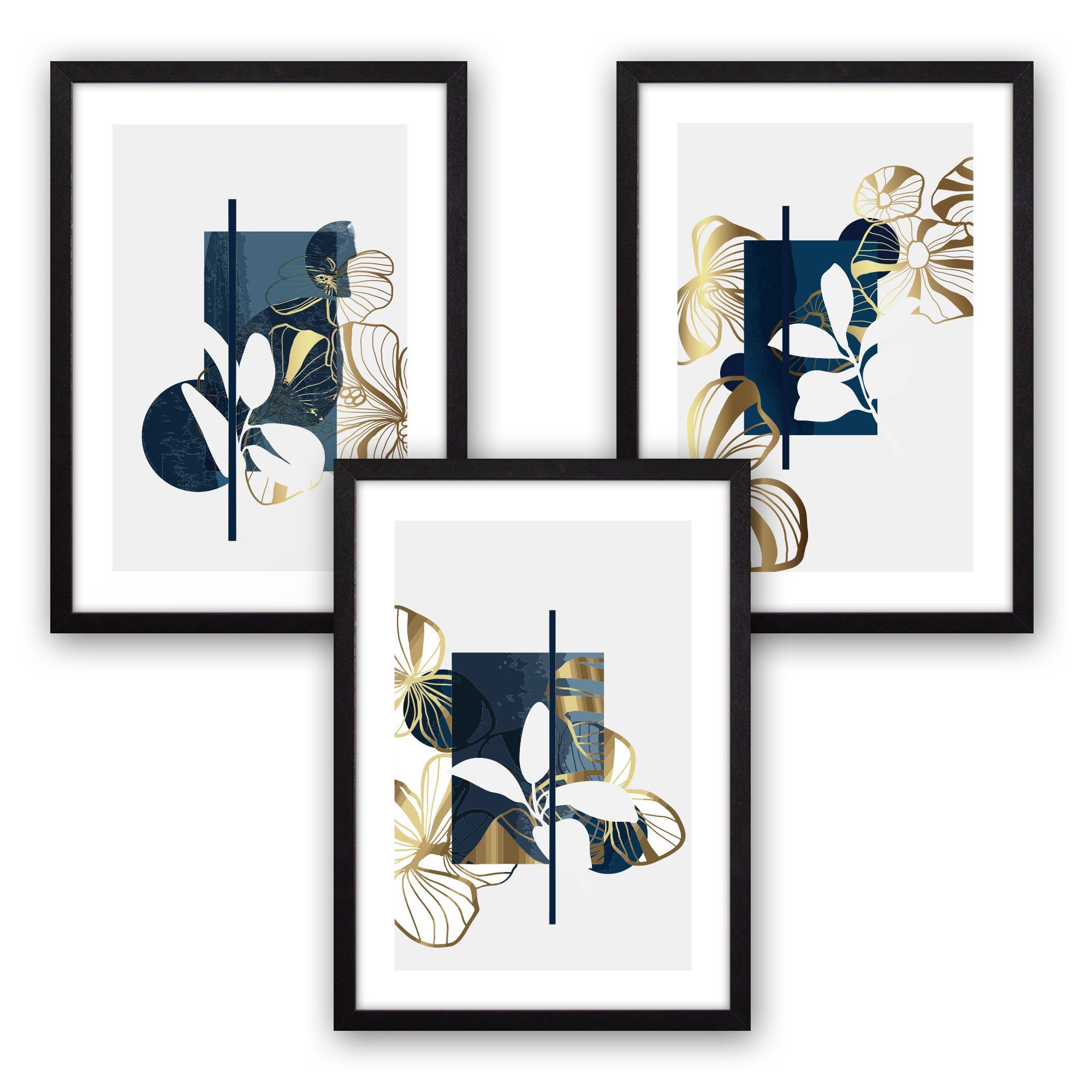 Kreative Feder Poster Abstrakt Blau, Abstrakt (Set, 3 St), 3-tlgs Poster-Set, Kunstdruck, optional mit Rahmen, wahlw. DIN A4/ A3 schwarzer Rahmen