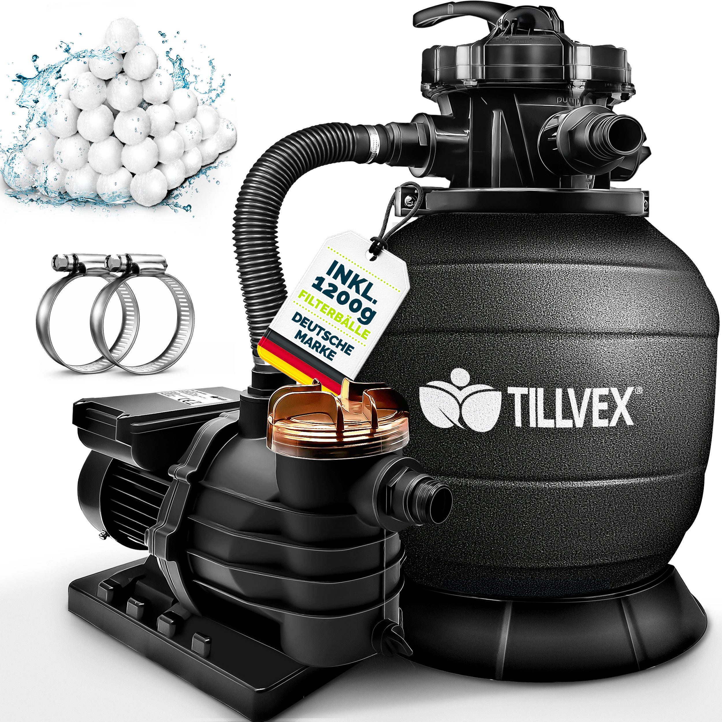 tillvex Sandfilteranlage 13.200L/h mit 1200g Filterbällen + Pumpe (Poolfilter Selbstansaugend Sandfilter Schwimmbecken, Filteranlage 7-Wege Ventil & 2in1 Adapter Ø32-38mm), Pool 13.200L/h bis 40.000L + 1200g Filterbälle