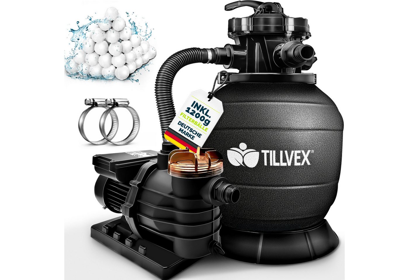 tillvex Sandfilteranlage tillvex Sandfilteranlage 13.200L/h mit 1200g Filterbällen + Pumpe (Poolfilter Selbstansaugend Sandfilter Schwimmbecken, Filteranlage 7-Wege Ventil & 2in1 Adapter Ø32-38mm), Pool 13.200L/h bis 40.000L + 1200g Filterbälle