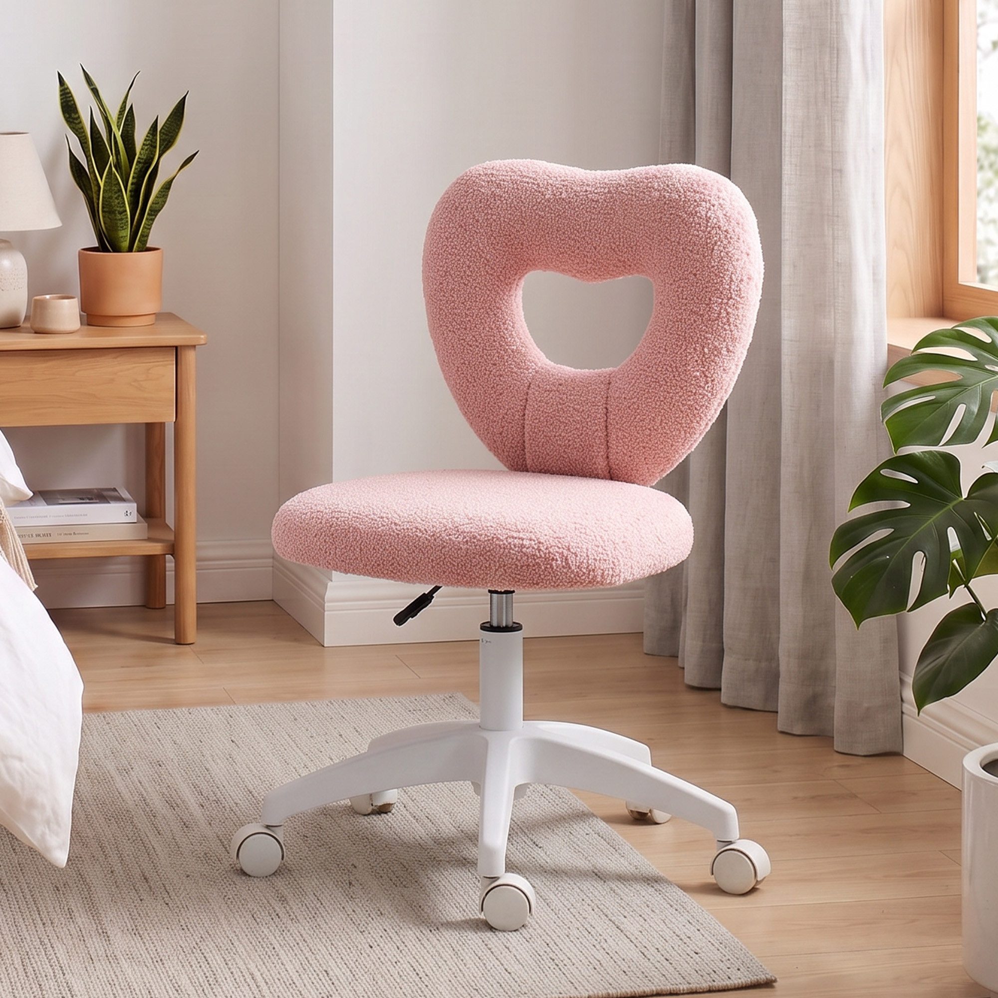 HOMCOM Bürostuhl Schreibtischstuhl Drehstuhl bis 120 kg belastbar Schlafzimmer (Höhenverstellbarer Teddy-Fleece Schminktisch Stuhl, 1 St), für Arbeitszimmer, Rosa