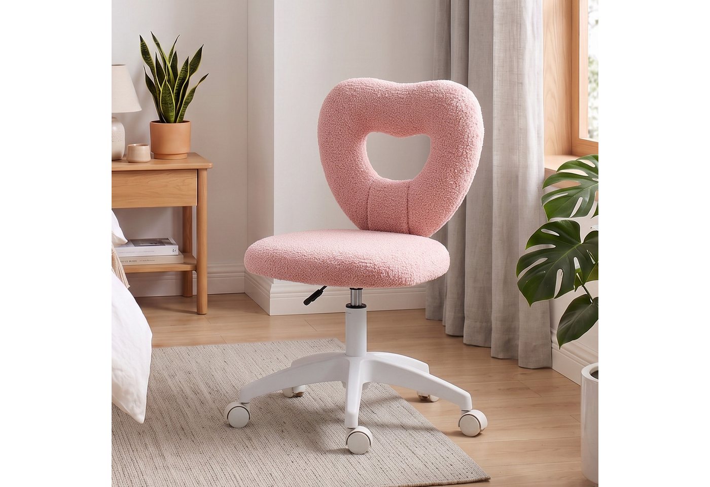 HOMCOM Bürostuhl Schreibtischstuhl Drehstuhl bis 120 kg belastbar Schlafzimmer (Höhenverstellbarer Teddy-Fleece Schminktisch Stuhl, 1 St), für Arbeitszimmer, Rosa
