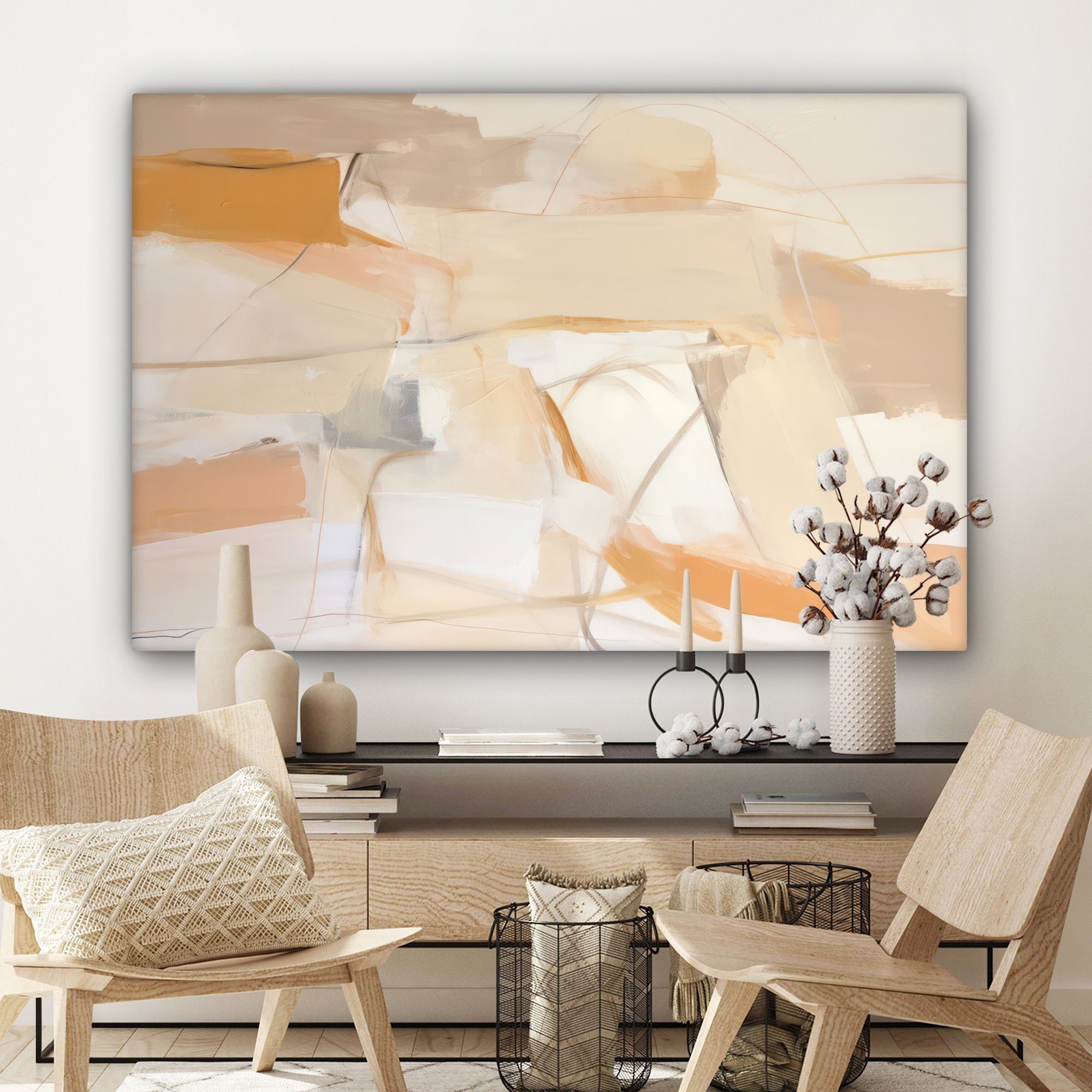 cm alle - - Wohnbereiche, Gemälde, großes, XXL, Abstrakt Leinwandbild - Kunst Modern, OneMillionCanvasses® Wandbild - Orange 120x80 für St), (1 Beige