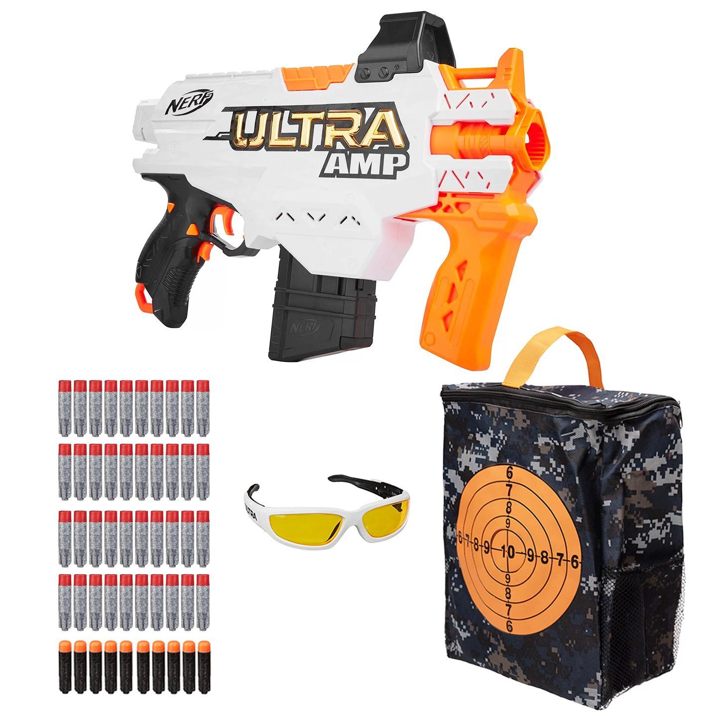 Hasbro Blaster Motorisierter Blaster im Set mit Schutzbrille, Tas, Dieses umfangreiche Set enthält den motorisierten Nerf Ultra AMP Blas
