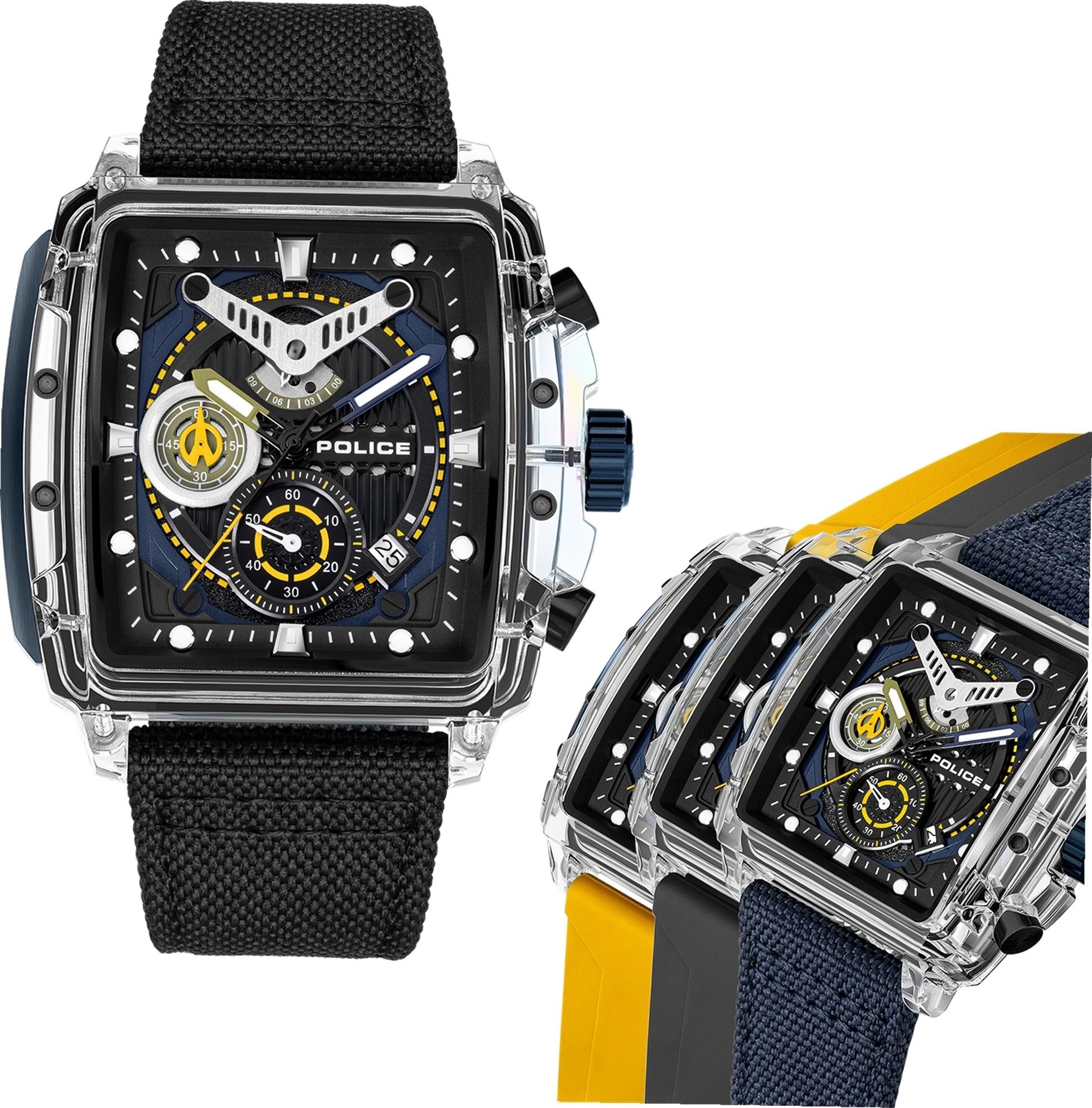 Police Chronograph Police Herrenuhr Silikon Armband, (Chronograph), Herrenuhr quadratisch, extra groß (ca. 43x43,8mm) Textilarmband, Sport