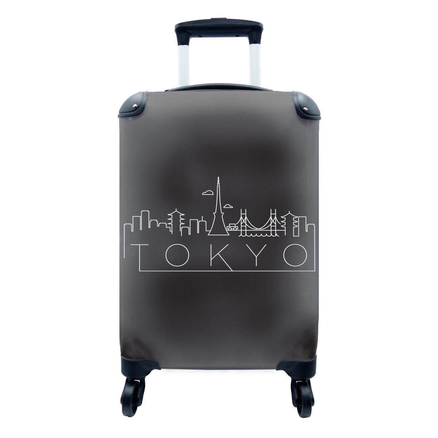 MuchoWow Handgepäckkoffer Skyline "Tokio" weiß auf schwarz, 4 Rollen, Reisetasche mit rollen, Handgepäck für Ferien, Trolley, Reisekoffer