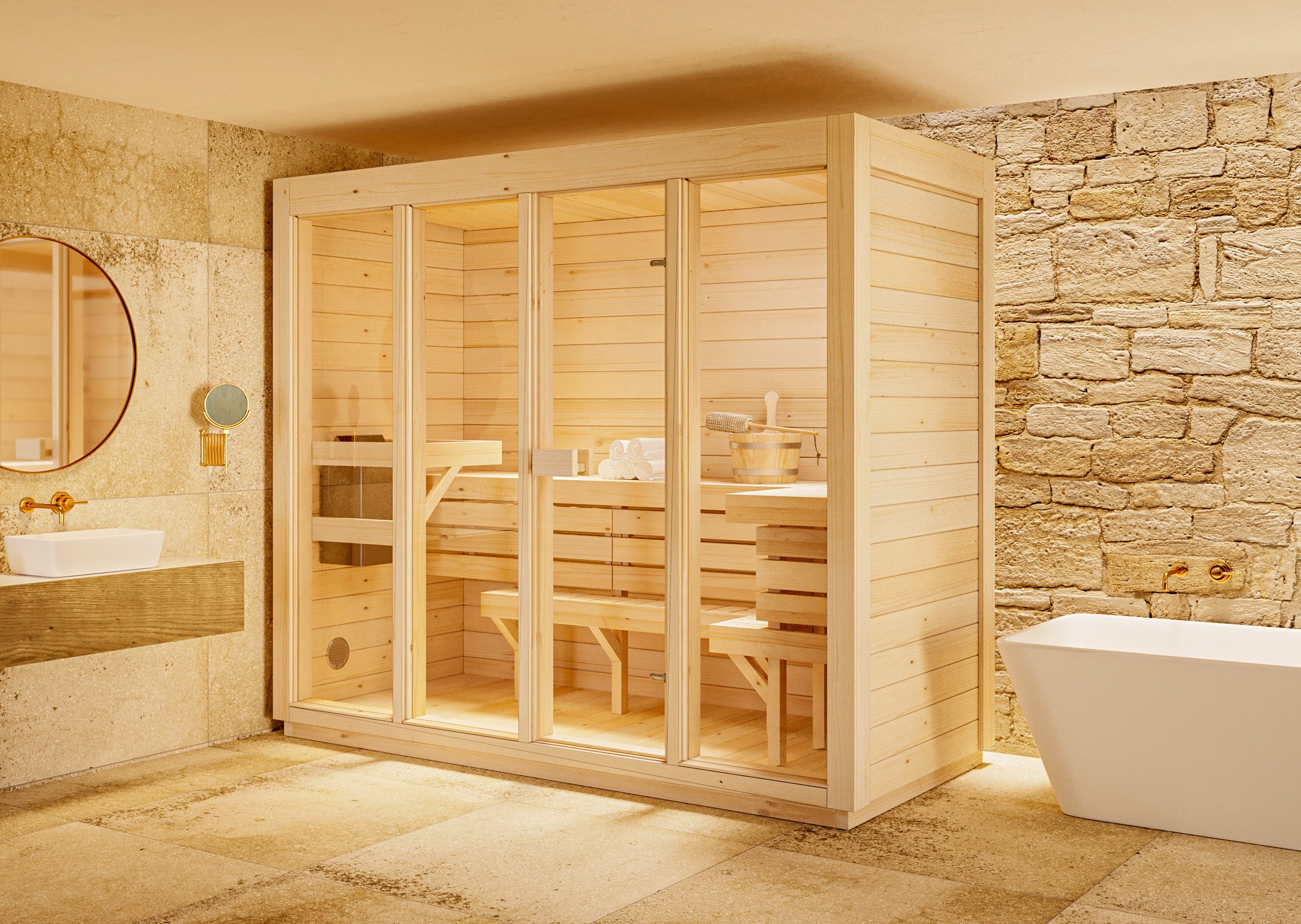 FinnTherm Sauna Innensauna Kuuma L, BxTxH: 242 x 111 x 213 cm, 42 mm, in Naturbelassen Inkl. Fußboden