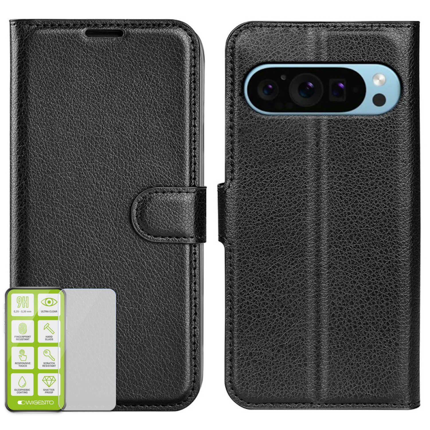 Wigento Smartphone-Hülle Für Google Pixel 9 / 9 Pro Kunst Leder Book Wallet Tasche + Hart Glas