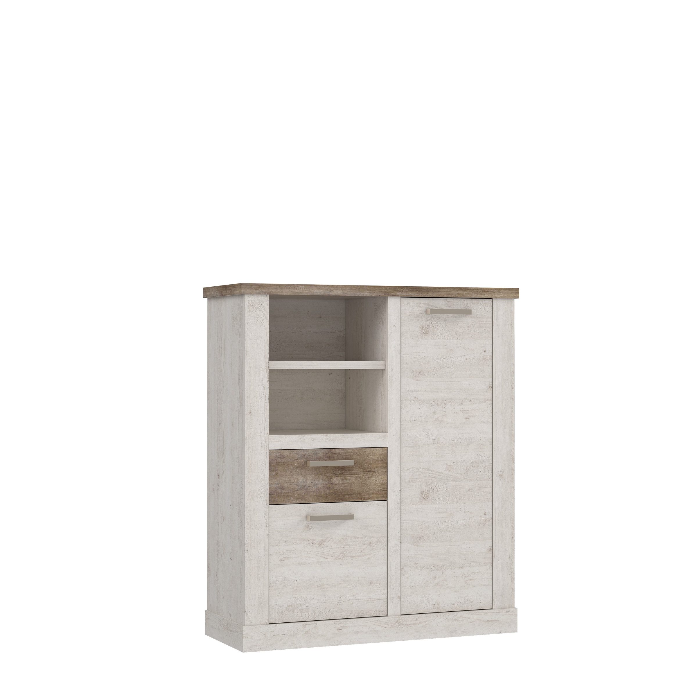 FORTE Highboard 2 Türen, Pinie Weiss / Eiche Antik Dekor - 109,8x128,3x41,3cm (BxHxT)