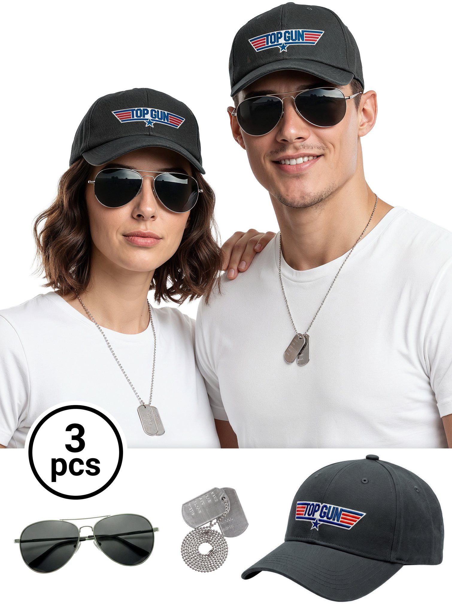 Maskworld Kostüm Top Gun Set 3 teilig - Fasching Karnevalskostüm, Dreiteiliges Set für coole Kampfpiloten & Pilotinnen