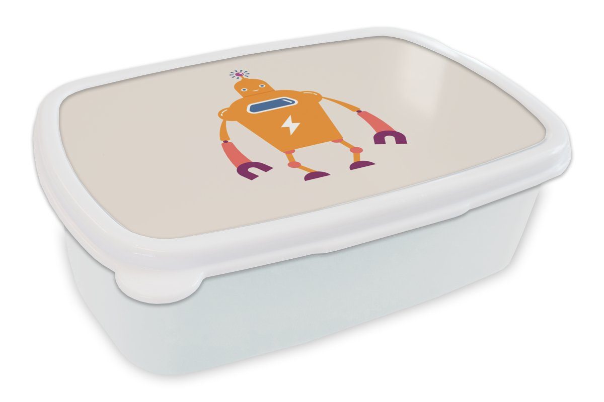 MuchoWow Lunchbox Roboter - Antenne - Orange - Blitzschlag - Junge - Kinder, Kunststoff, (2-tlg), Brotbox für Kinder und Erwachsene, Brotdose, für Jungs und Mädchen weiß