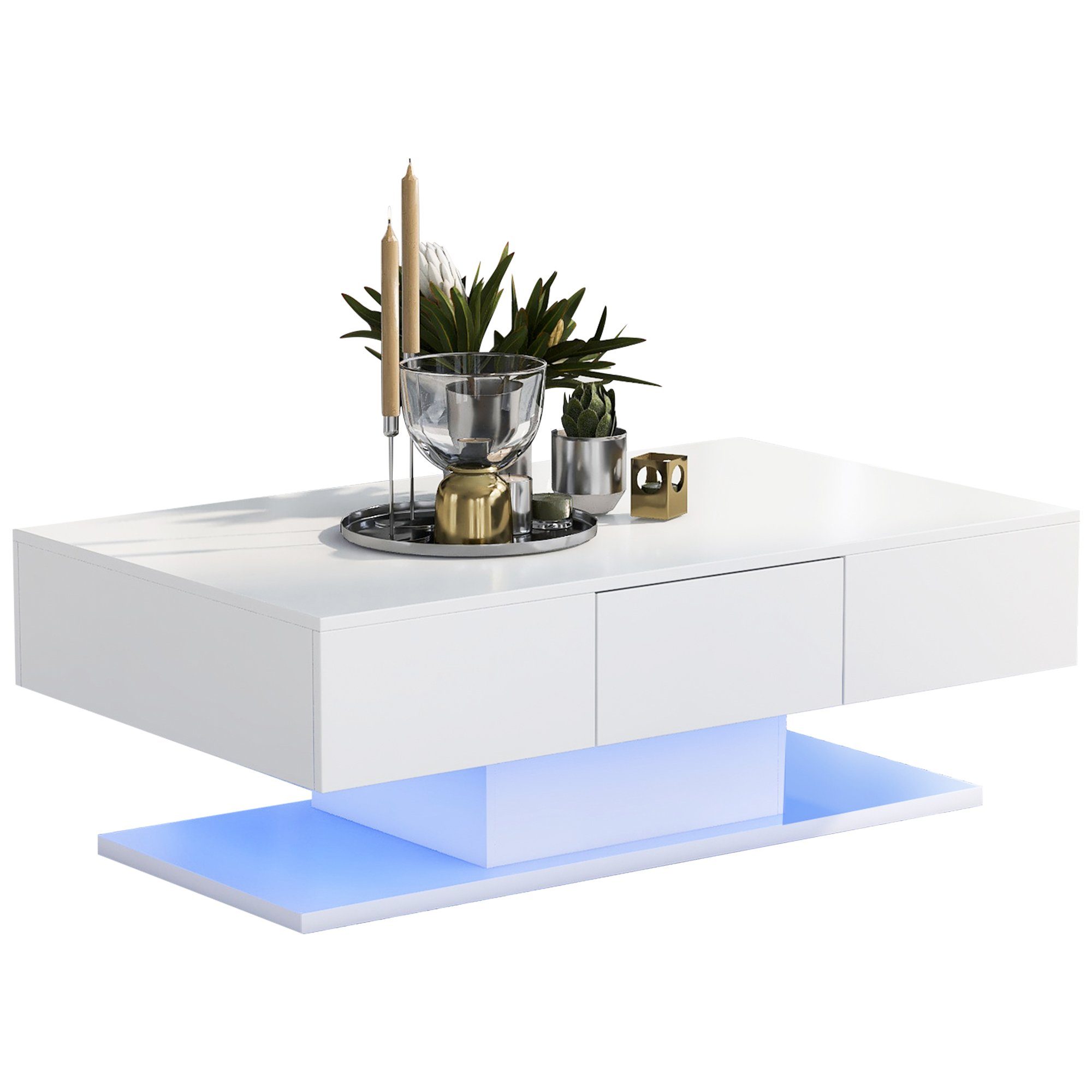 Merax Couchtisch Holz Wohnzimmertisch mit hochglänzender und 2 mit LED-Beleuchtung Beistelltisch Schubladen, Tischplatte