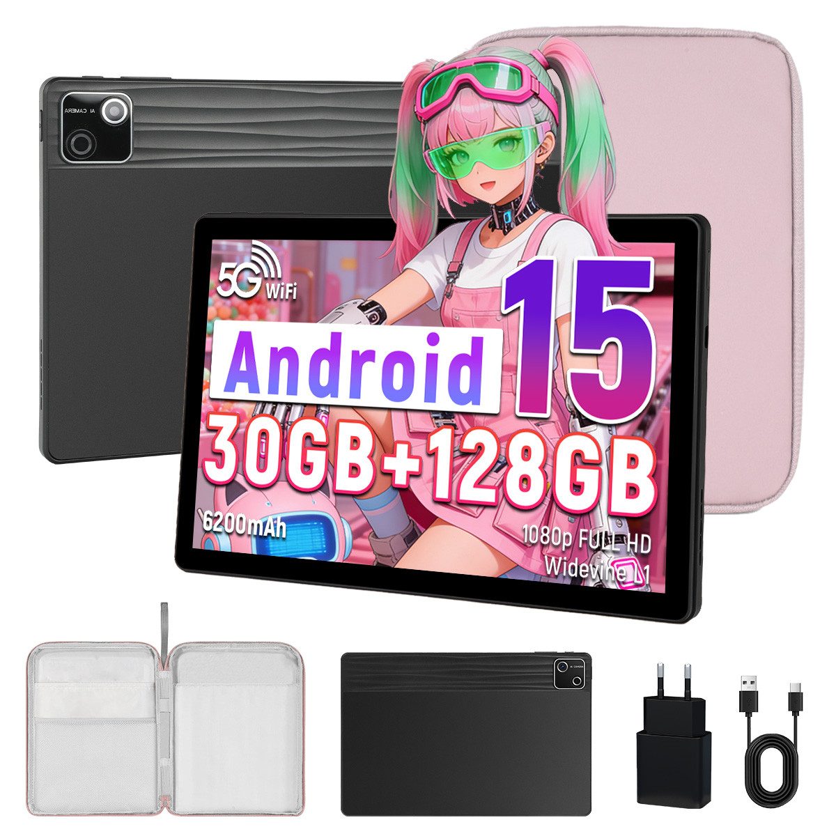 BUFO 10’’ Android 15, Octa Core 30(6+24)GB RAM+128GB, HD 1280x800, 6200mAh Tablet (10", 128 GB, Android, 2,4G/5G WiFi, 128GB bis zu 1TB, Gesichtsentsperrung, Dual Kamera)