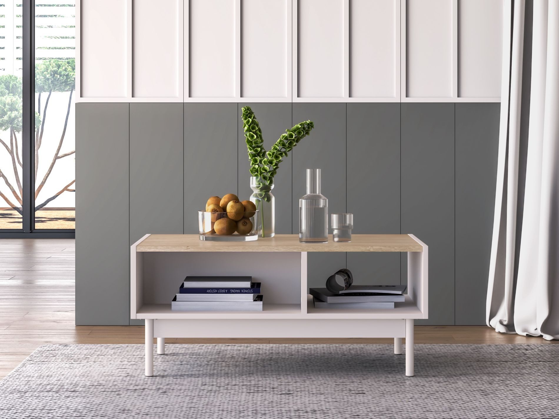 Selsey Couchtisch DUNEA, Couchtisch mit offenen Fächern, Kaschmirgrau/Eichenholzoptik, 90x60 cm