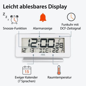 ADE Funktischuhr Digitaler Wecker mit Beleuchtung, ohne Ticken mit Wochentag- und Temperaturanzeige und Weckfunktion, leicht ablesbar