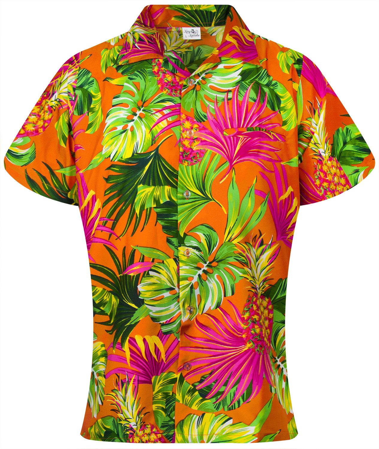 King Kameha Hawaiihemd Pineapple Leaves Funky Hawaiibluse Damen Kurzarm Front-Tasche Stylish