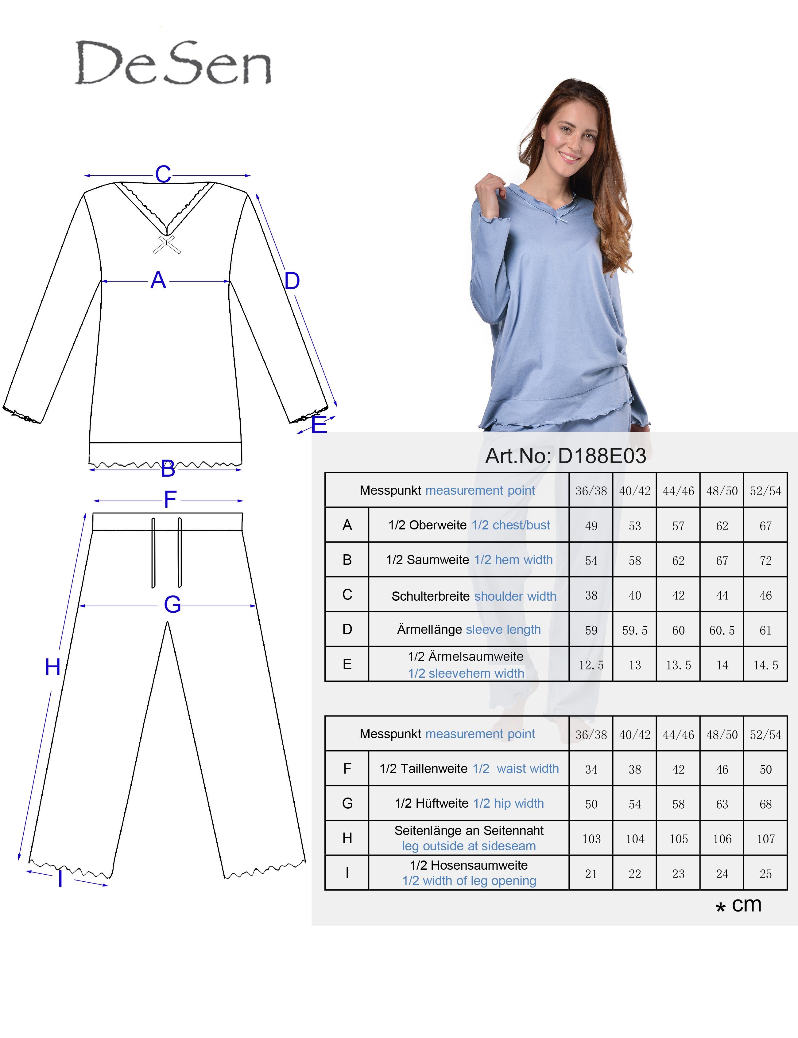 Pyjama order Hausanzug Damen Deluxe Baumwolle, (2 aus mit 2tlg) langen 100 % Schlafhose Ärmeln, RAIKOU 1tlg Schlafanzug V-Ausschnitt Schwarz tlg., mit