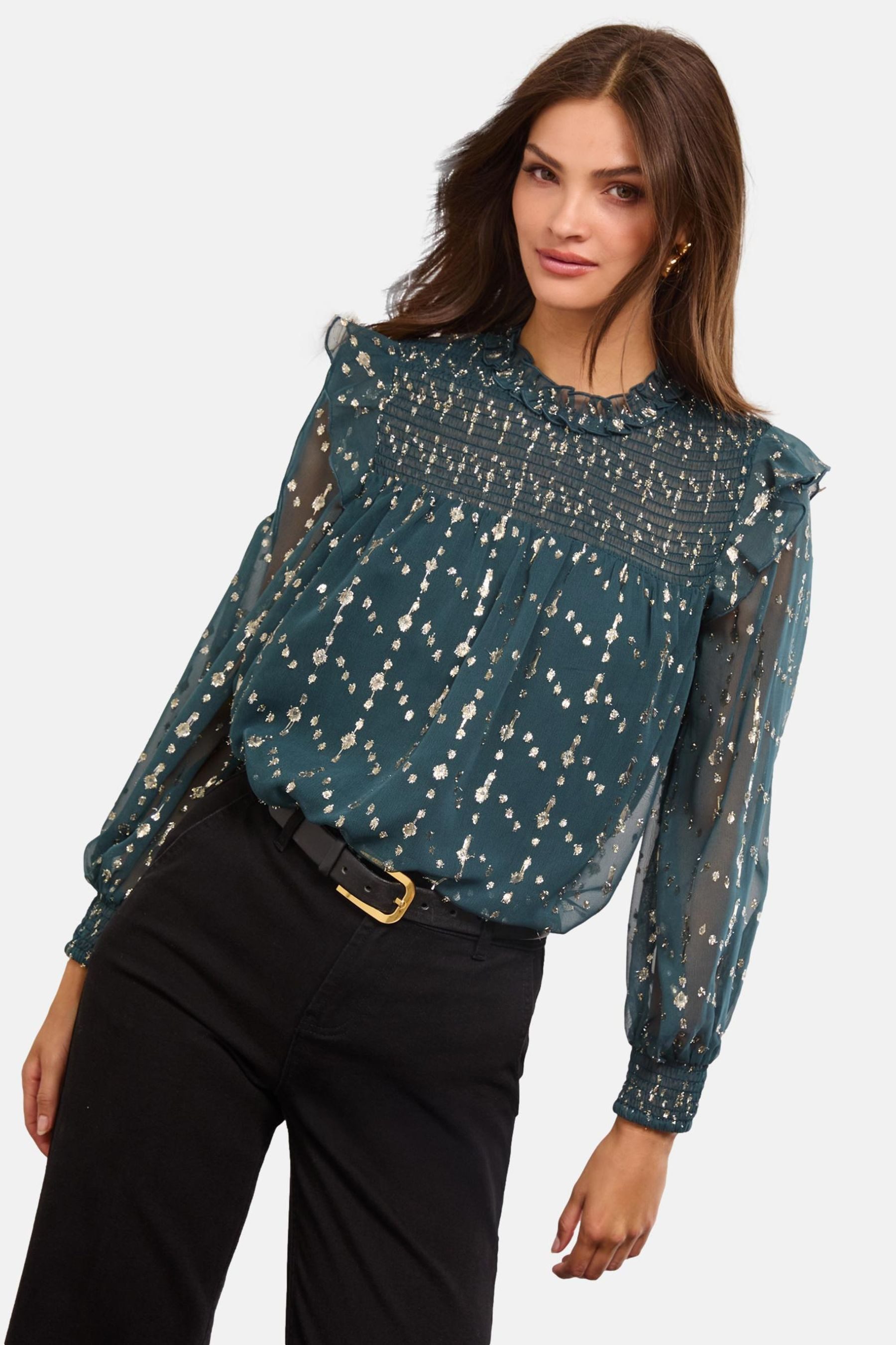 LIPSY Langarmbluse Lipsy Gesmoktes Top mit Goldglitzer, Regular (1-tlg)