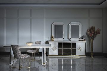 Casa Padrino Esstisch Luxus Art Deco Esstisch Weiß / Gold - Handgefertigter Massivholz Küchentisch mit Spiegelglas - Art Deco Esszimmer Möbel